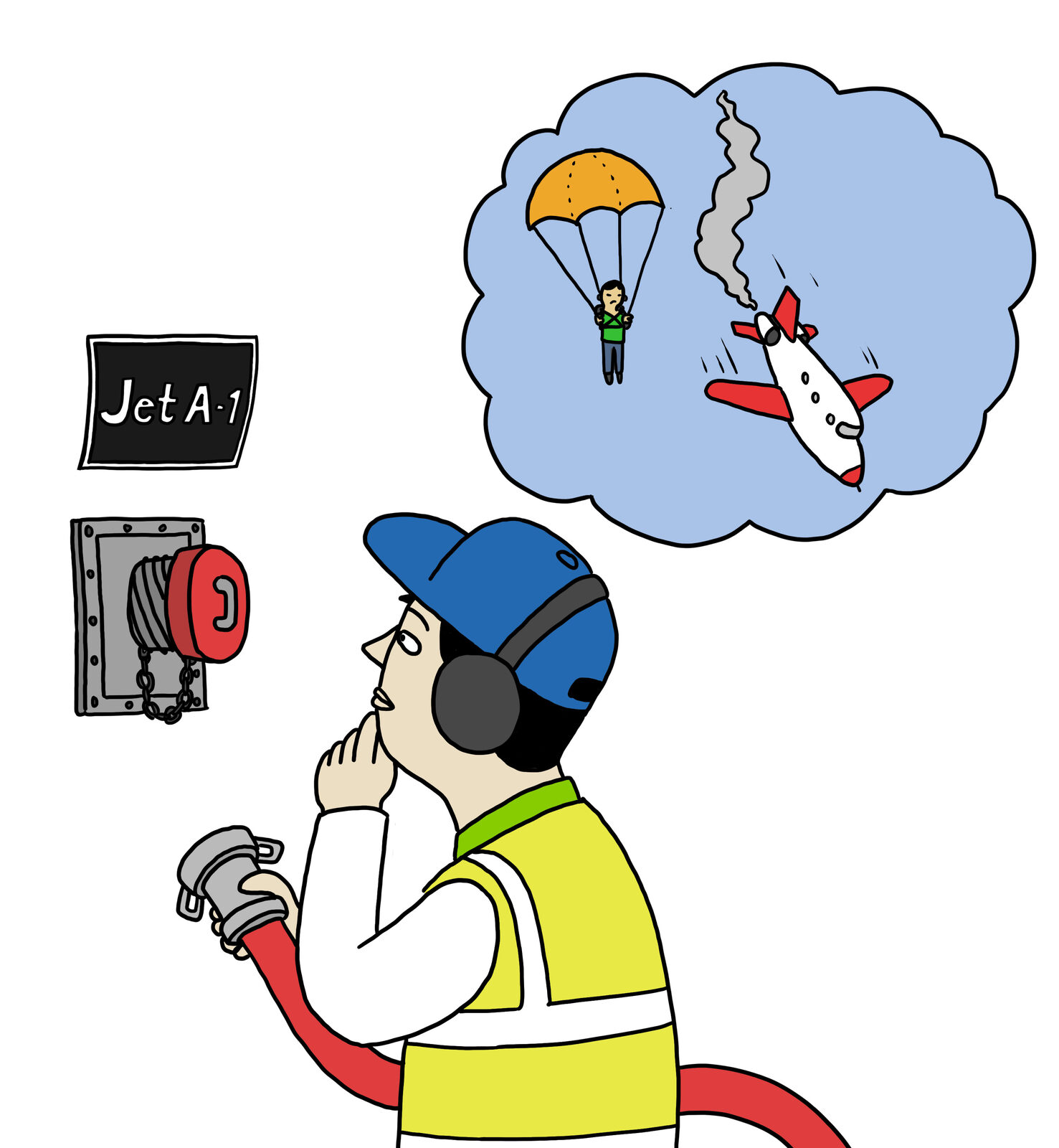 Illustrated refuelling operator holding a Jet A-1 fuel nozzle beside an emergency stop switch, a thought bubble above showing a crashing plane and a parachuting figure