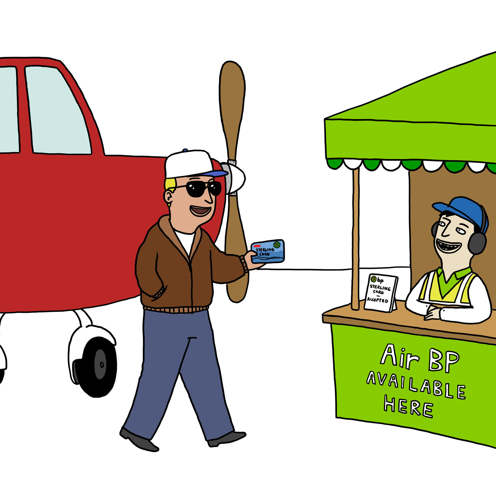 Illustrated private pilot walking from a small propeller plane toward an 'Air BP Available Here' stand, holding a real bp Sterling Card