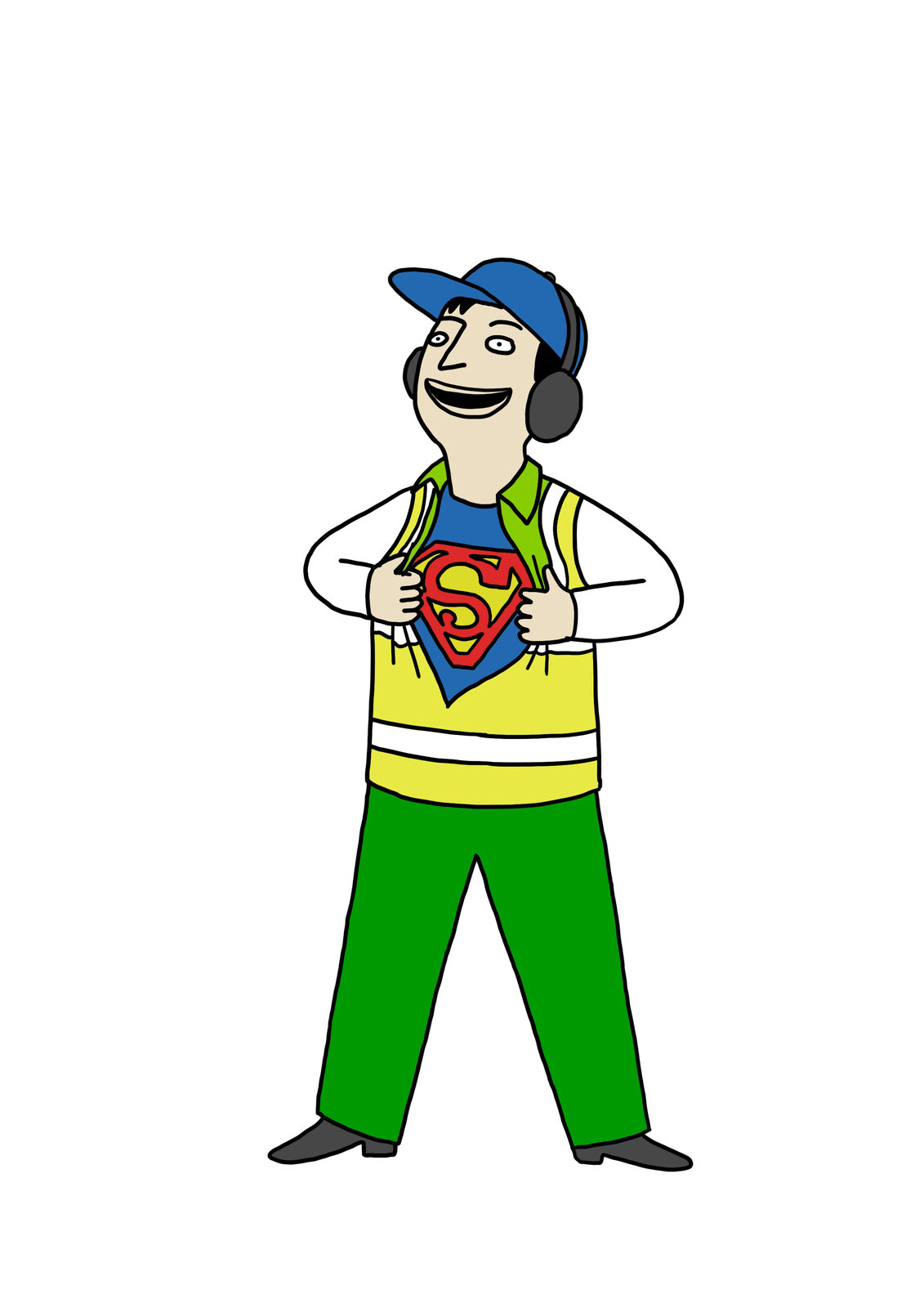 Illustrated ground crew worker in hi vis and headset tearing open his shirt to reveal a Superman logo underneath