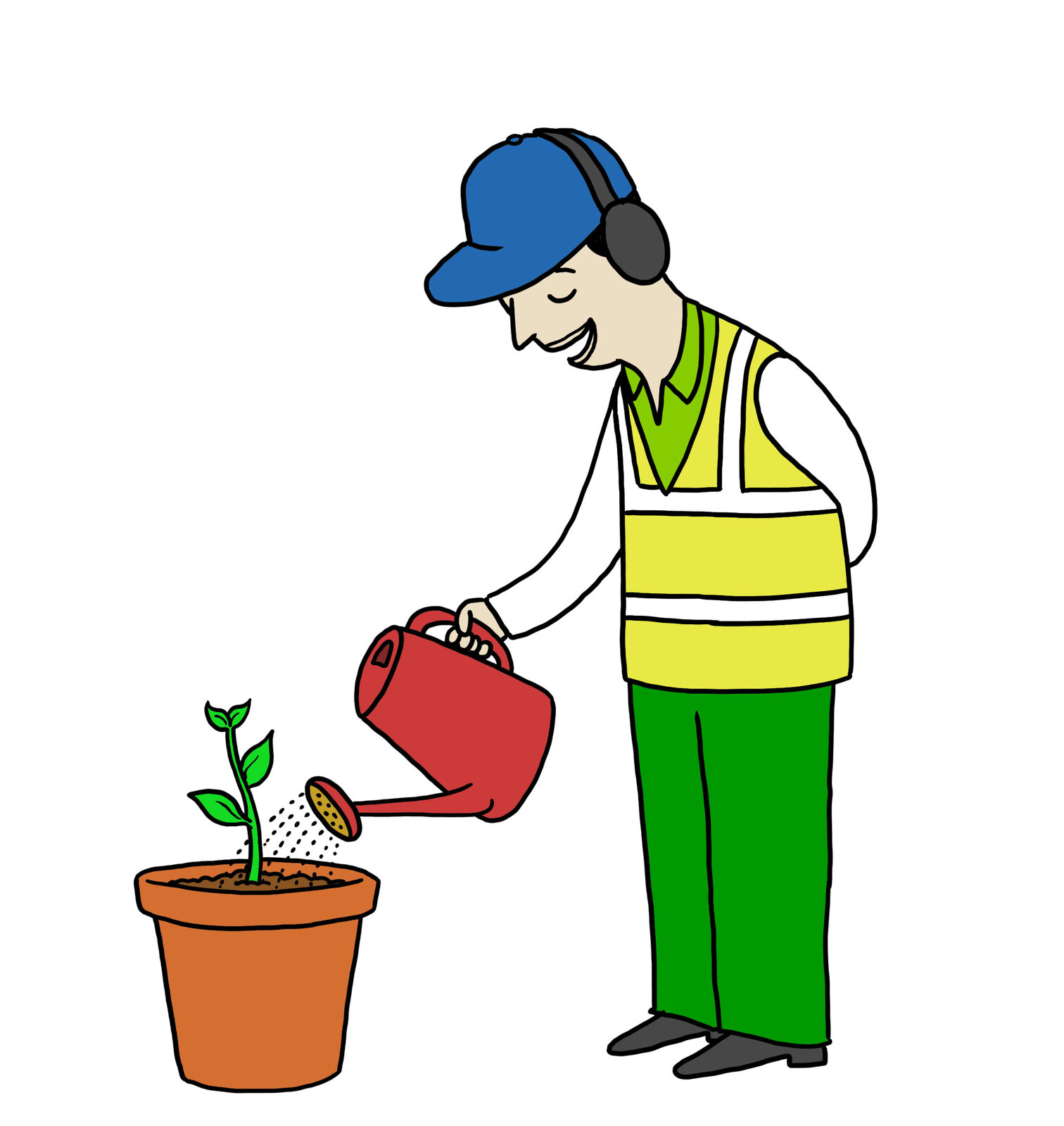 Illustrated ground crew worker in hi vis watering a small seedling in a terracotta pot