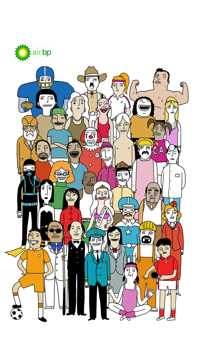 A large crowd of distinct illustrated characters gathered together, the Air bp logo in the top corner