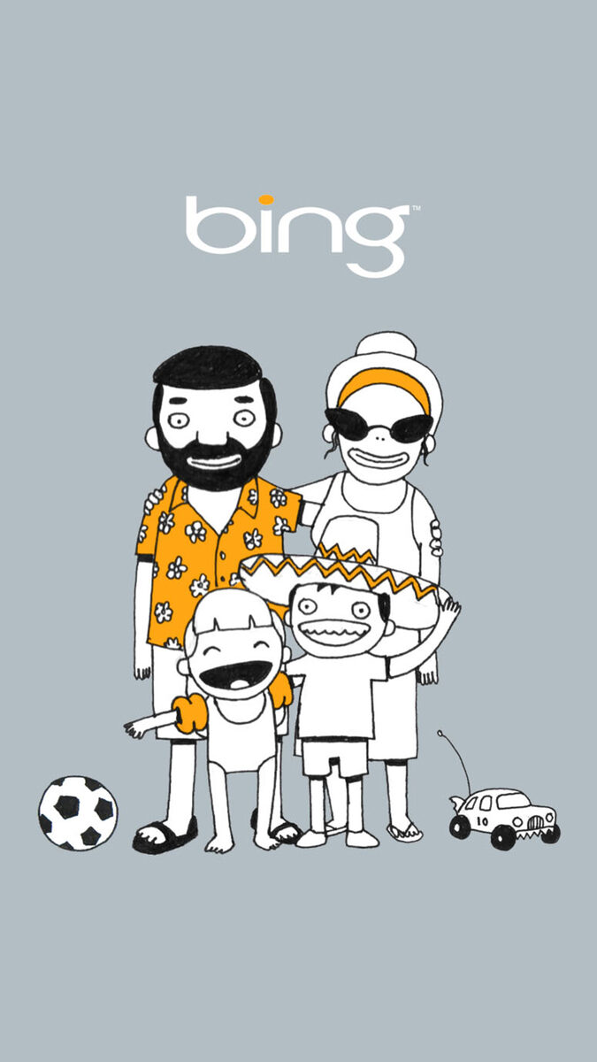 Illustrated family of four in matching orange-and-white holiday outfits, standing beneath the Bing logo