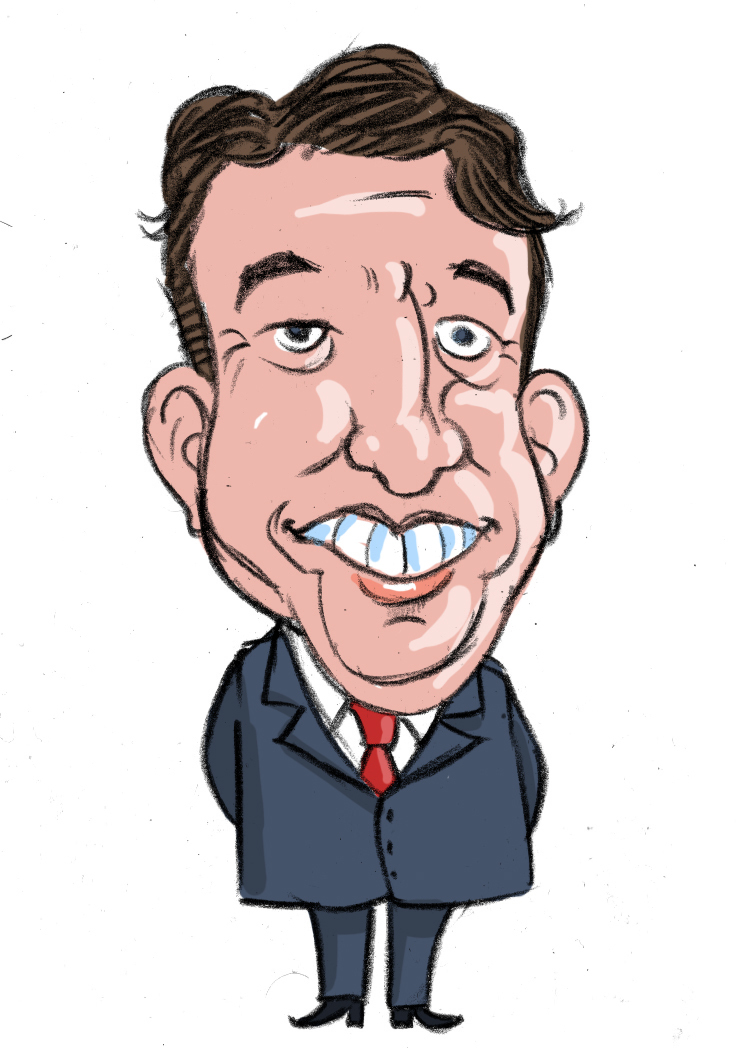 Illustrated caricature bust portrait of a man in a navy suit and red tie, smiling broadly
