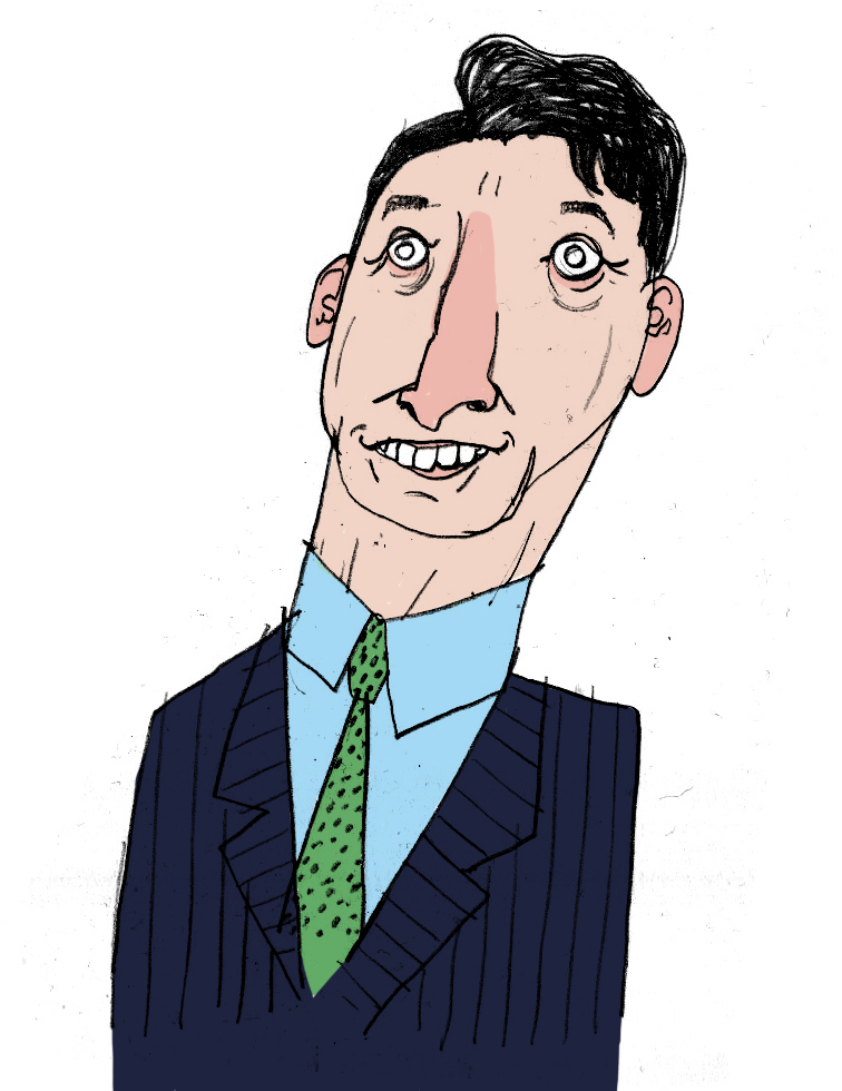 Clean illustrated caricature portrait of a man in a navy suit and green tie