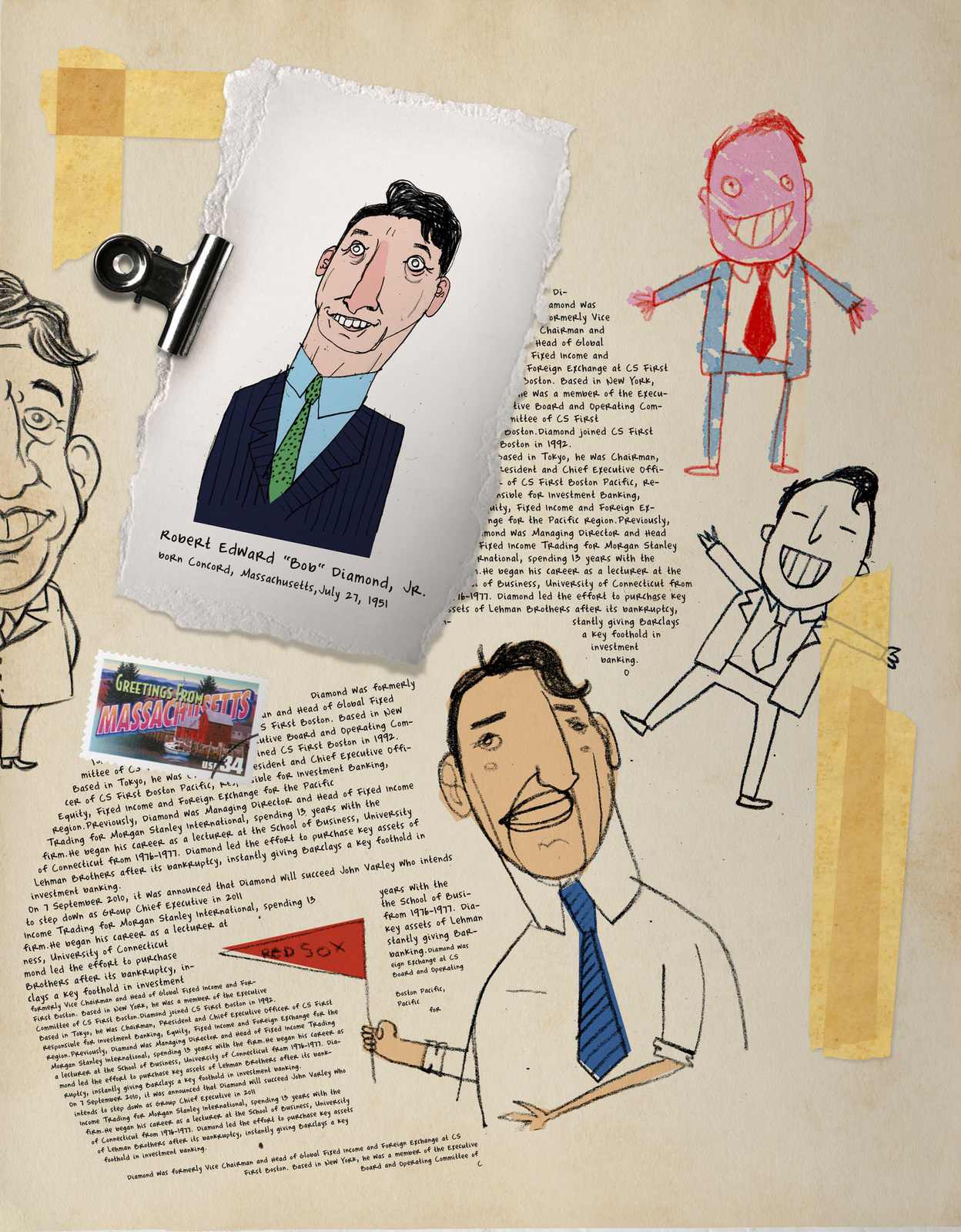 Scrapbook style layout collaging several illustrated portrait styles together with handwritten notes and photos