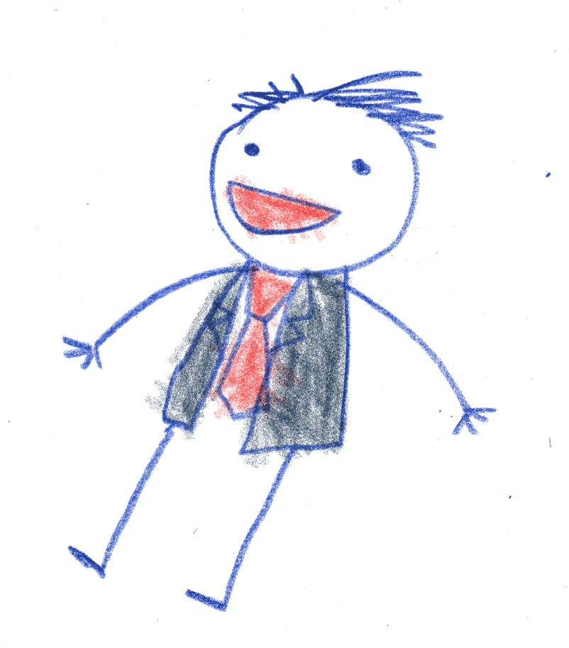 Loose crayon stick figure sketch of a man in a suit and red tie