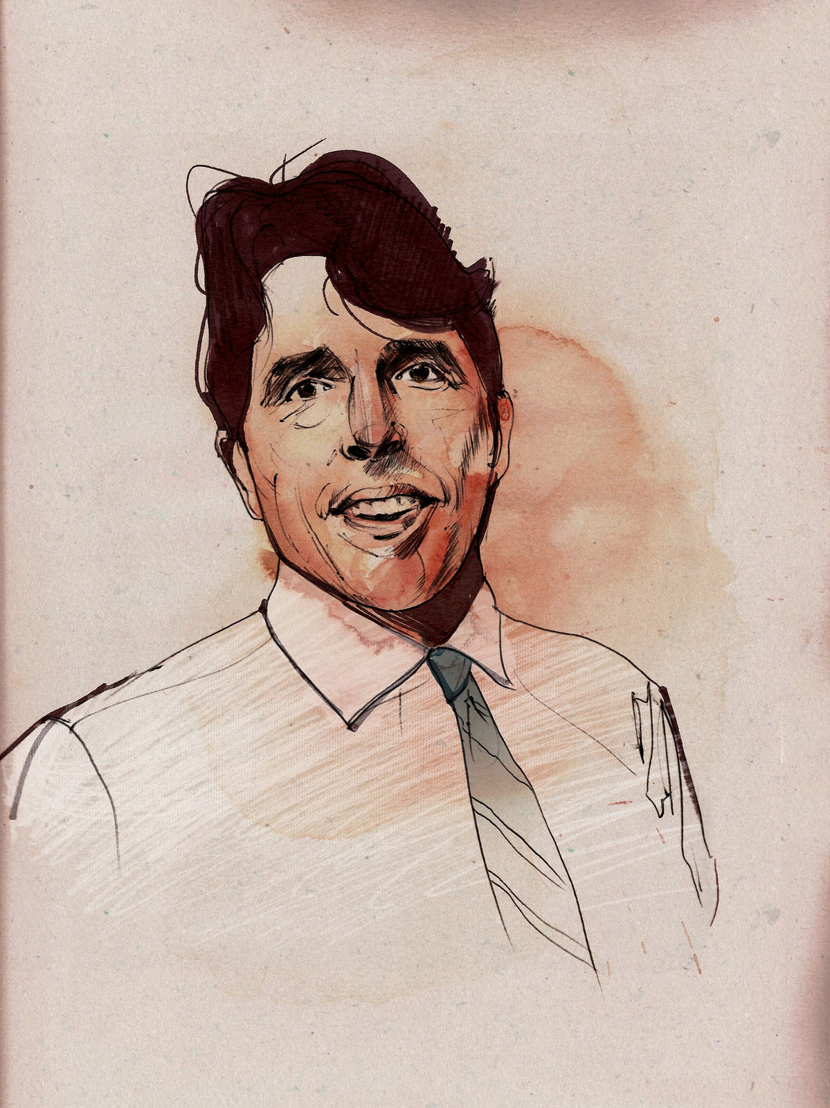 Softly painted, washed ink style portrait of a man in a white shirt and grey tie