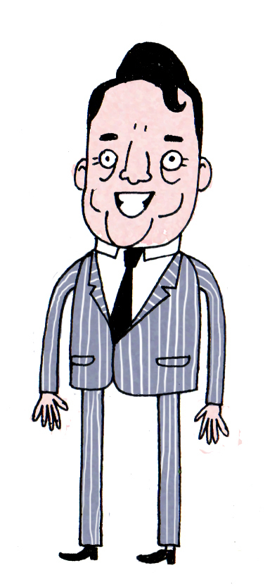 Illustrated full figure portrait of a man in a grey pinstripe suit
