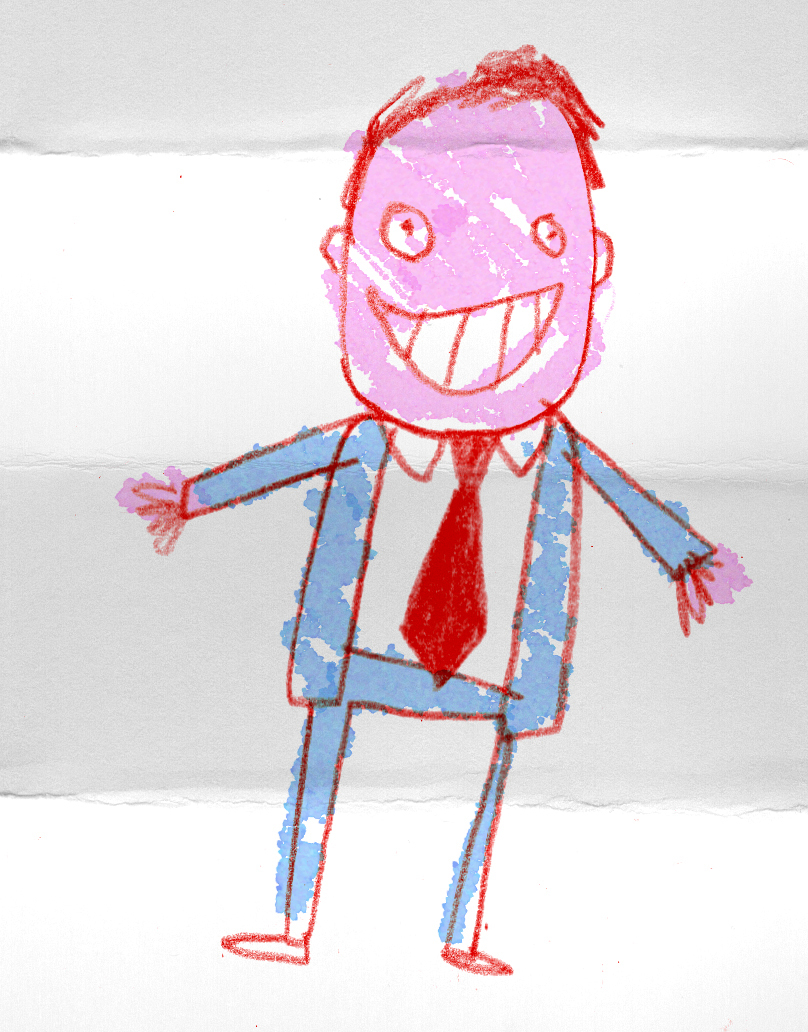Loose red toned marker sketch of a man in a suit and tie, grinning broadly