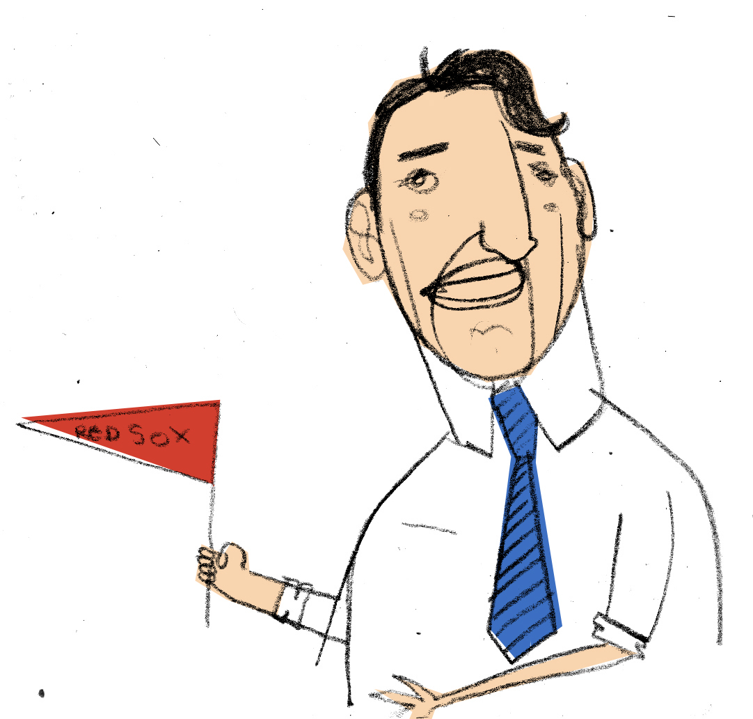 Illustrated portrait of a man in a white shirt and blue tie, holding a red Boston Red Sox pennant flag