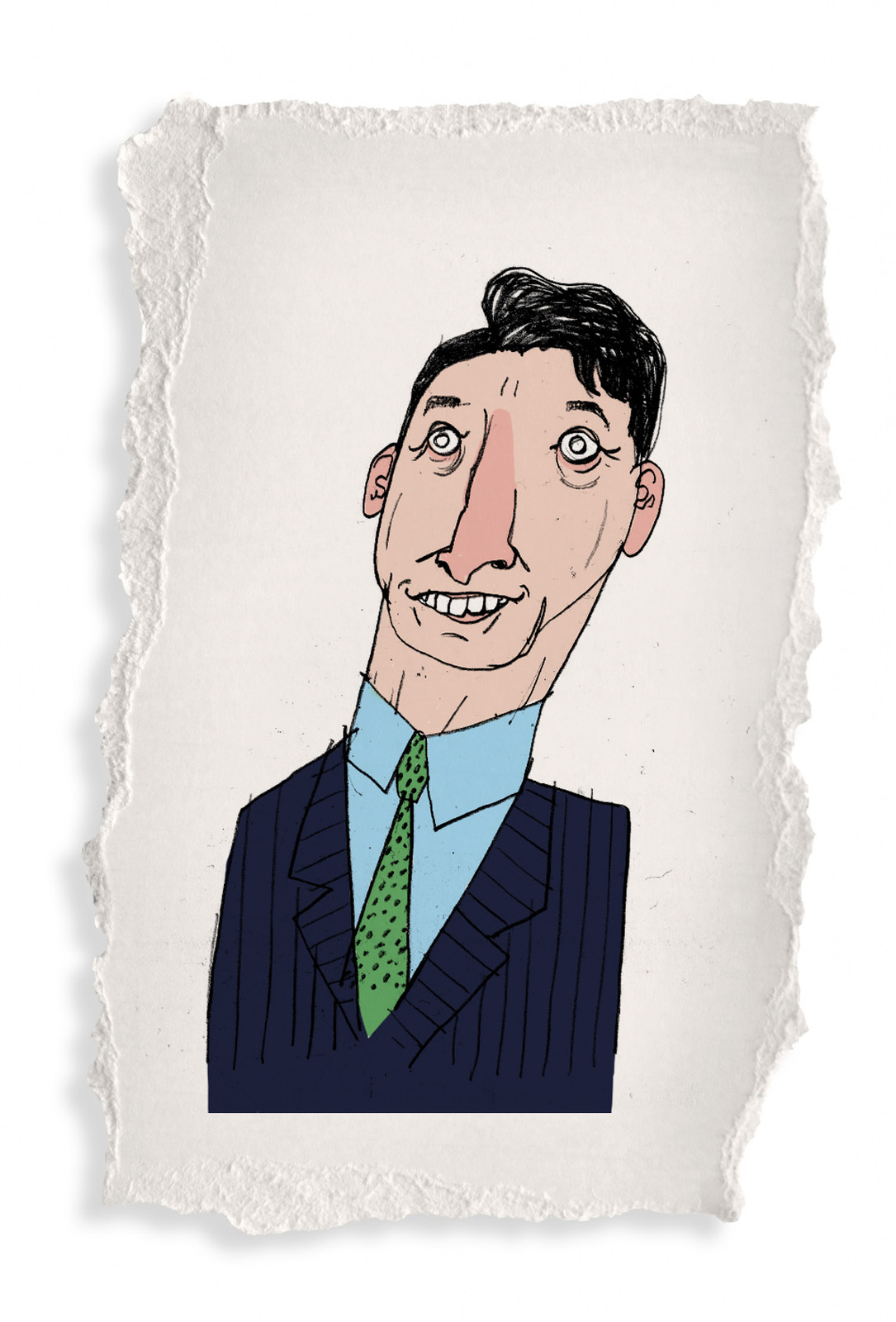 Illustrated portrait of a man in a navy suit and green tie, presented as a torn paper cutout