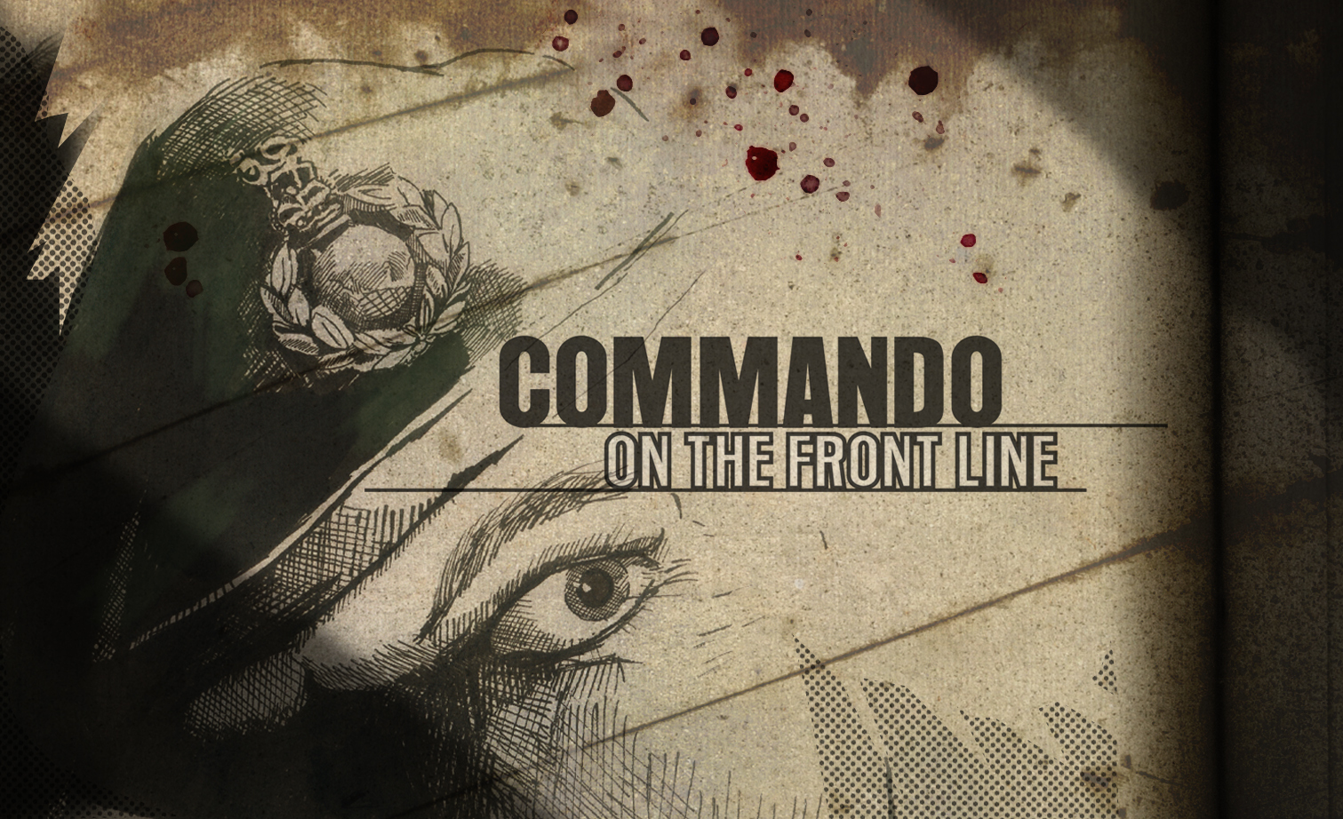 Illustrated title card reading "Commando On The Front Line", with a camouflage beret and blood spatter texture over a soldier's eye