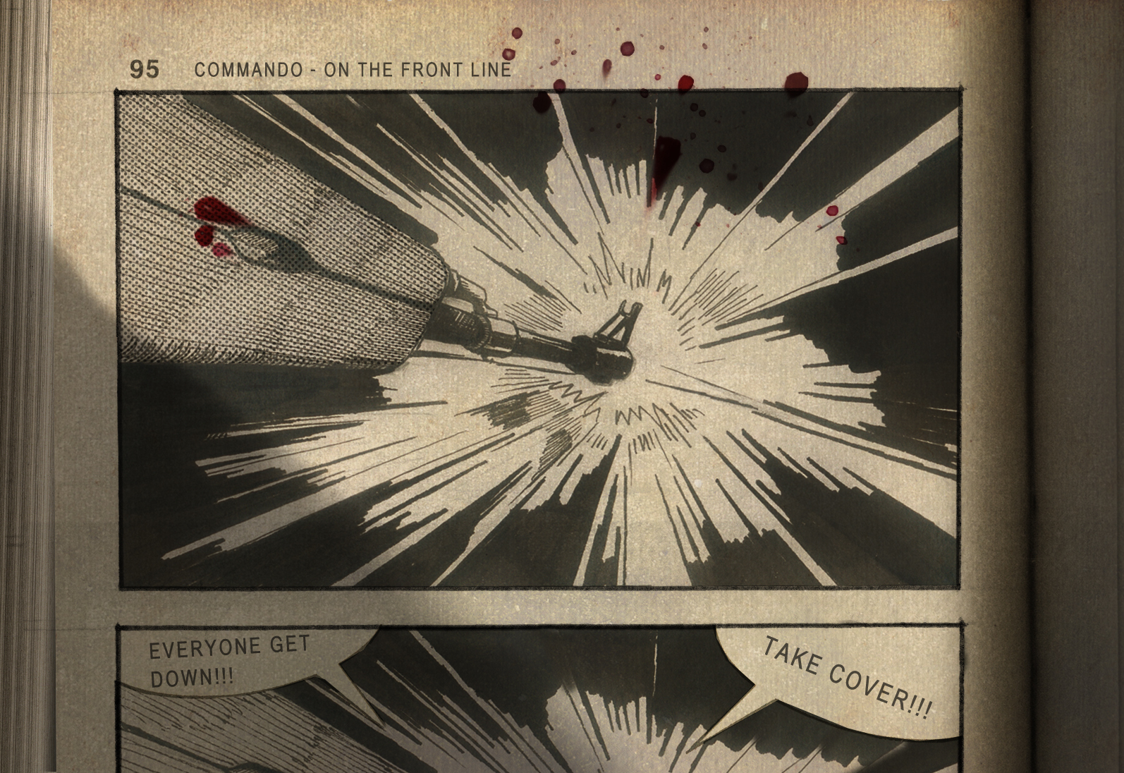 Comic style illustrated panel of an explosion mid battle, with shouted dialogue captions
