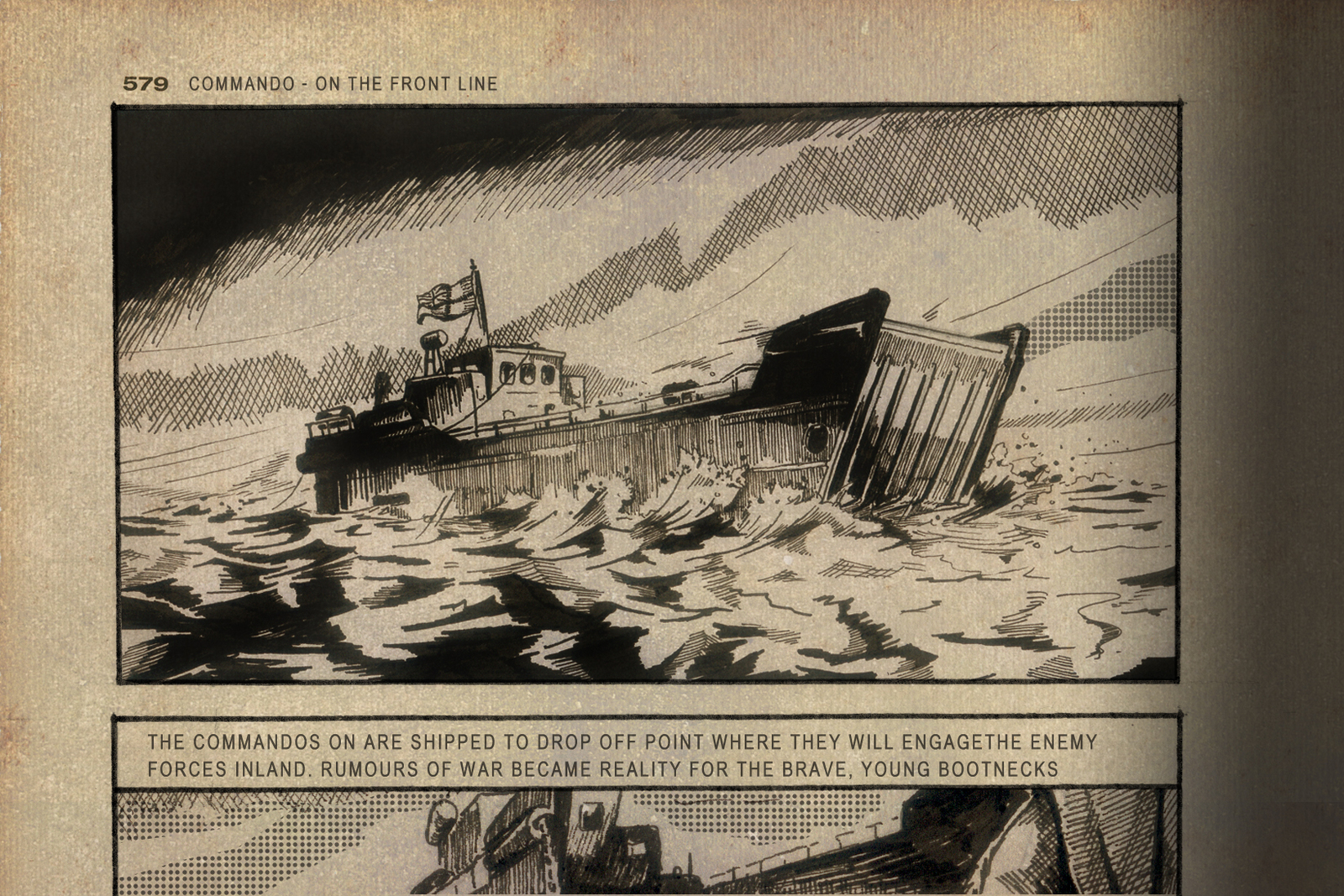 Comic style illustrated panel of a military landing craft approaching a snowy shore