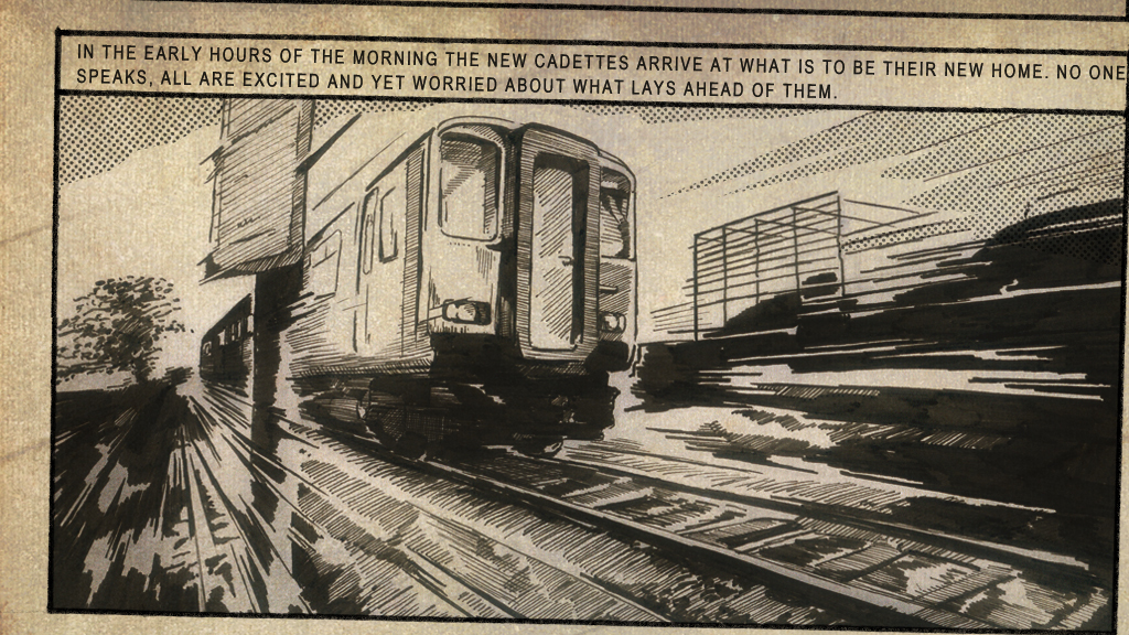 Comic style illustrated panel of a train arriving at a station platform at dawn
