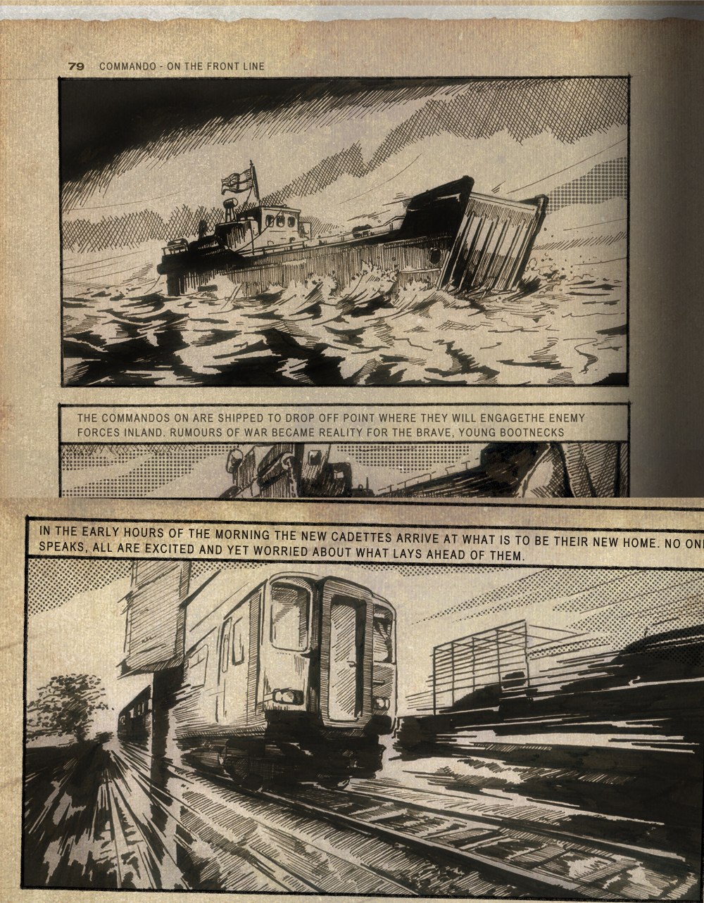 Commando On The Front Line, a sepia hand drawn storyboard page for the title sequence