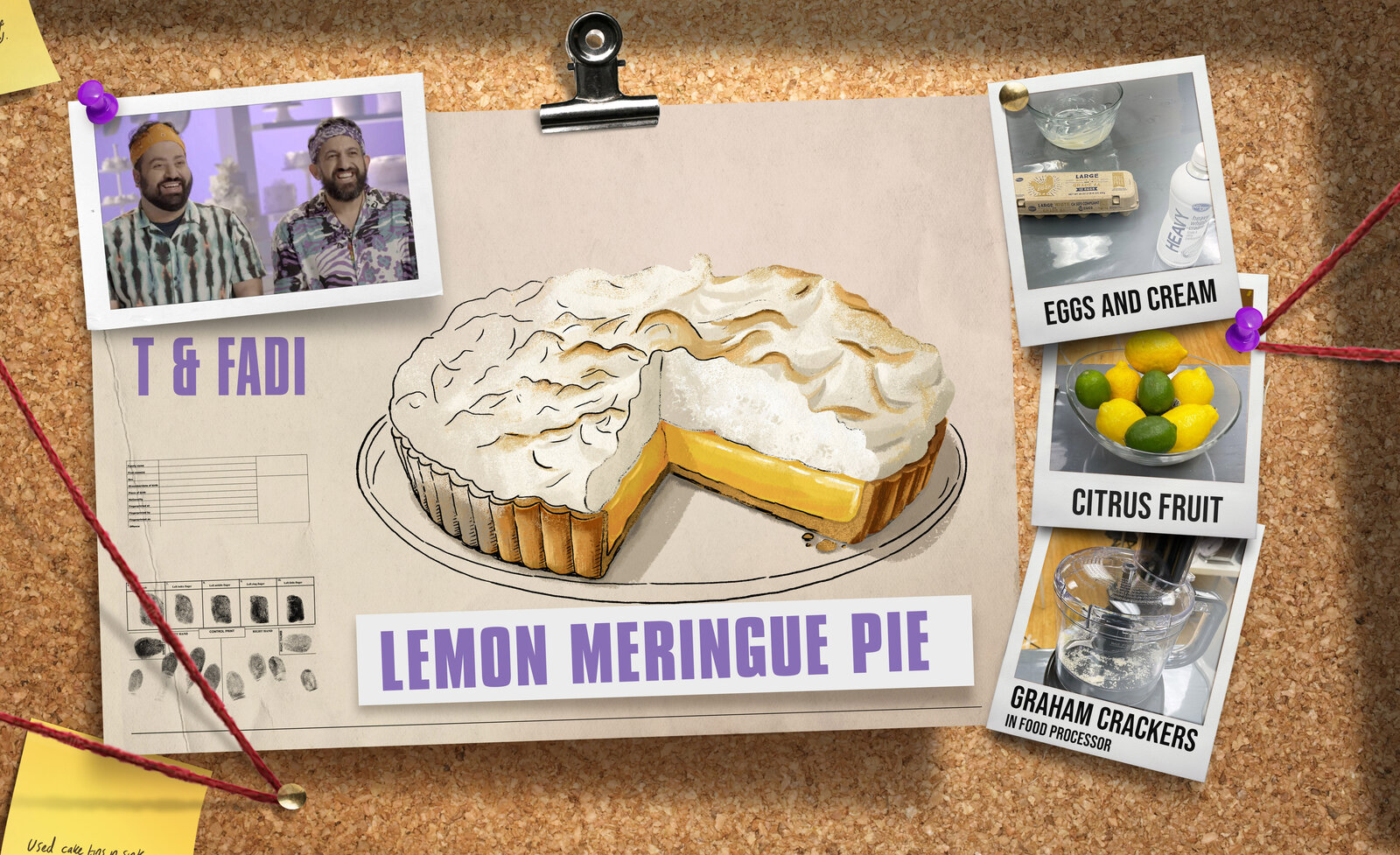 Crime Scene Kitchen evidence board graphic for a 'Lemon Meringue Pie', with a hand drawn cutaway pie illustration, ingredient photos and contestant photos labelled 'T & Fadi'