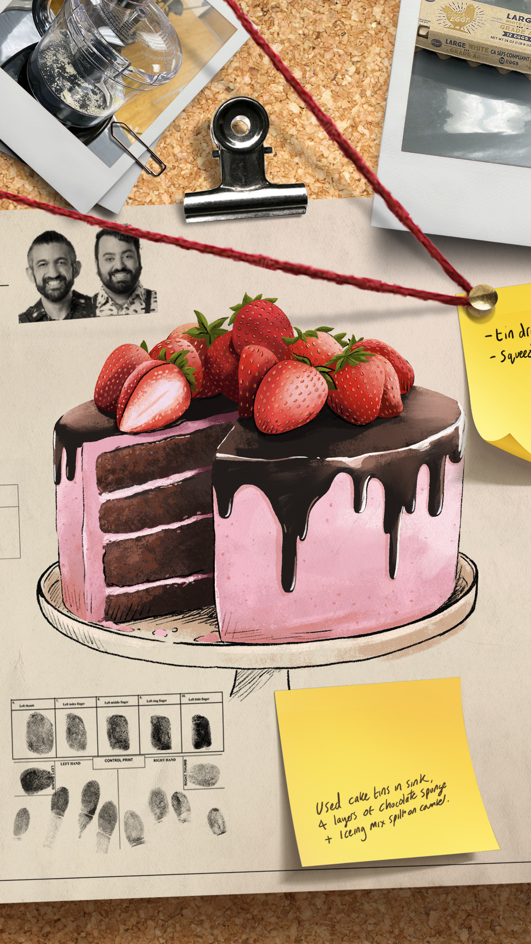 Illustrated pink and chocolate layer cake topped with strawberries, pinned to a cork evidence board with fingerprint cards and a handwritten note