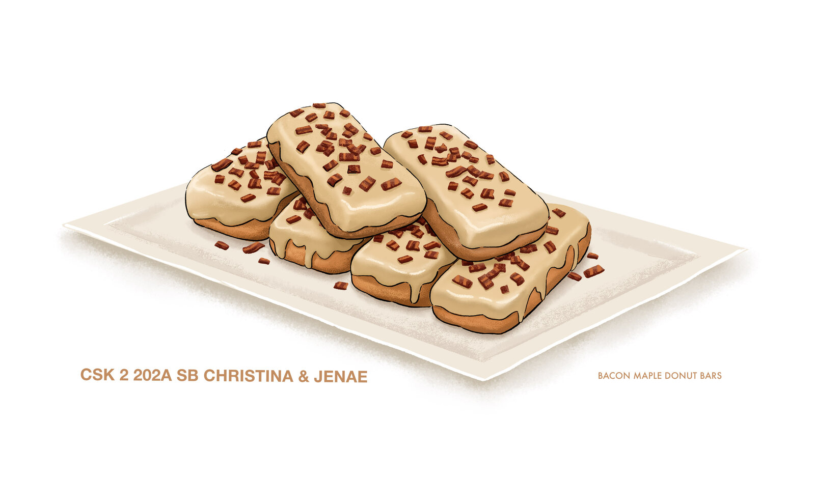 Crime Scene Kitchen dessert illustration of bacon maple doughnut bars, labelled 'CSK 2 202A SB Christina & Jenae'