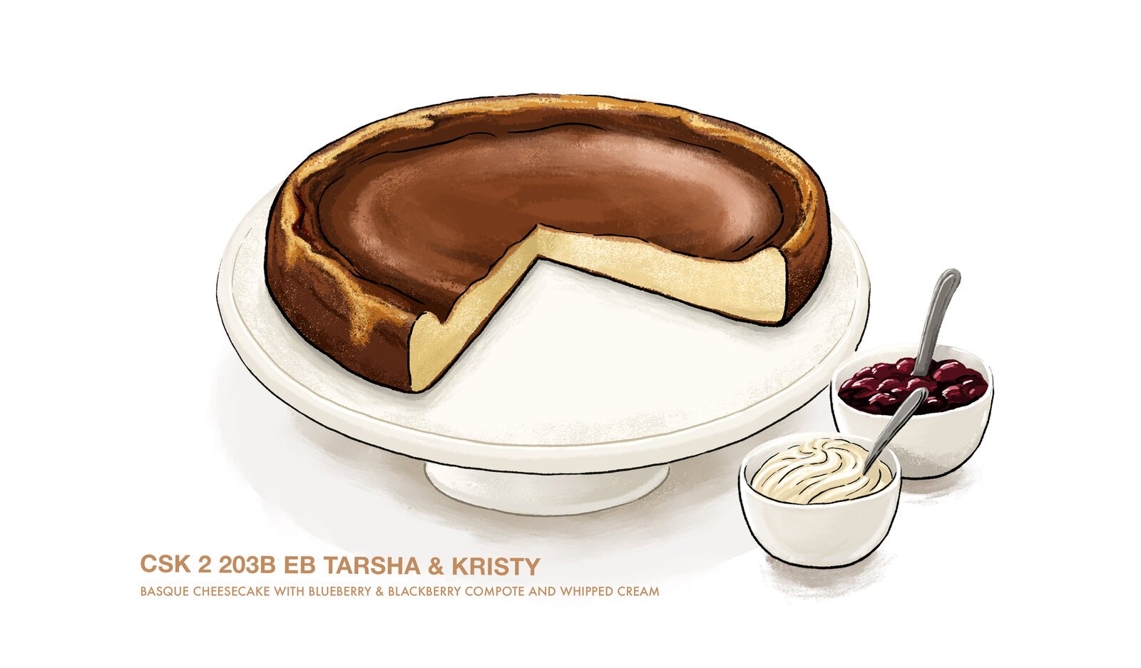 Crime Scene Kitchen dessert illustration of Basque cheesecake with blueberry and blackberry compote and whipped cream, labelled 'CSK 2 203B EB Tarsha & Kristy'