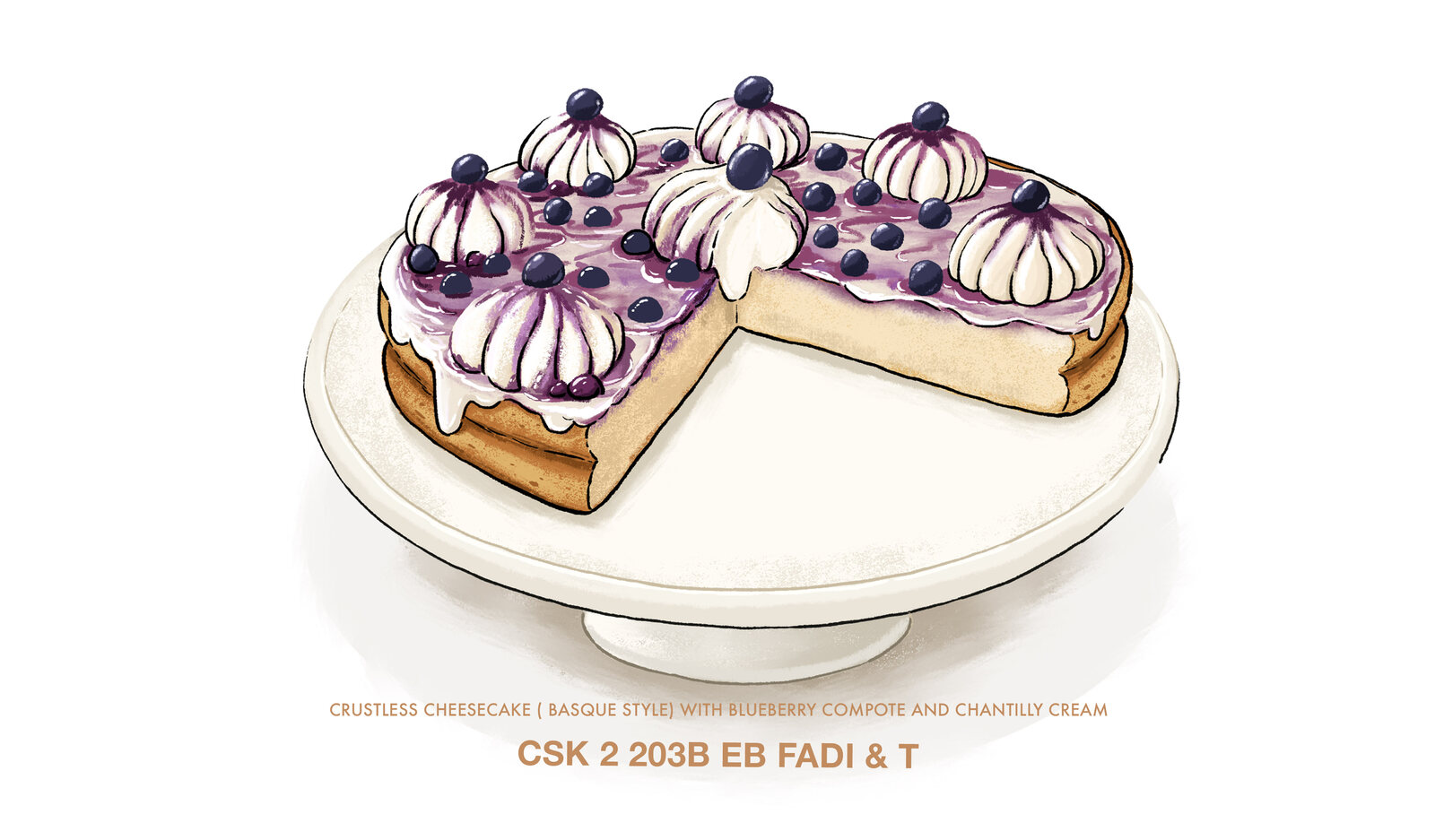 Crime Scene Kitchen dessert illustration of crustless Basque style cheesecake with blueberry compote and Chantilly cream, labelled 'CSK 2 203B EB Fadi & T'