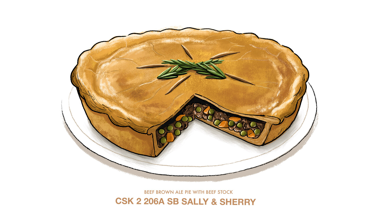 Crime Scene Kitchen dessert illustration of a beef, brown ale and root vegetable pie, labelled 'CSK 2 206A SB Sally & Sherry'