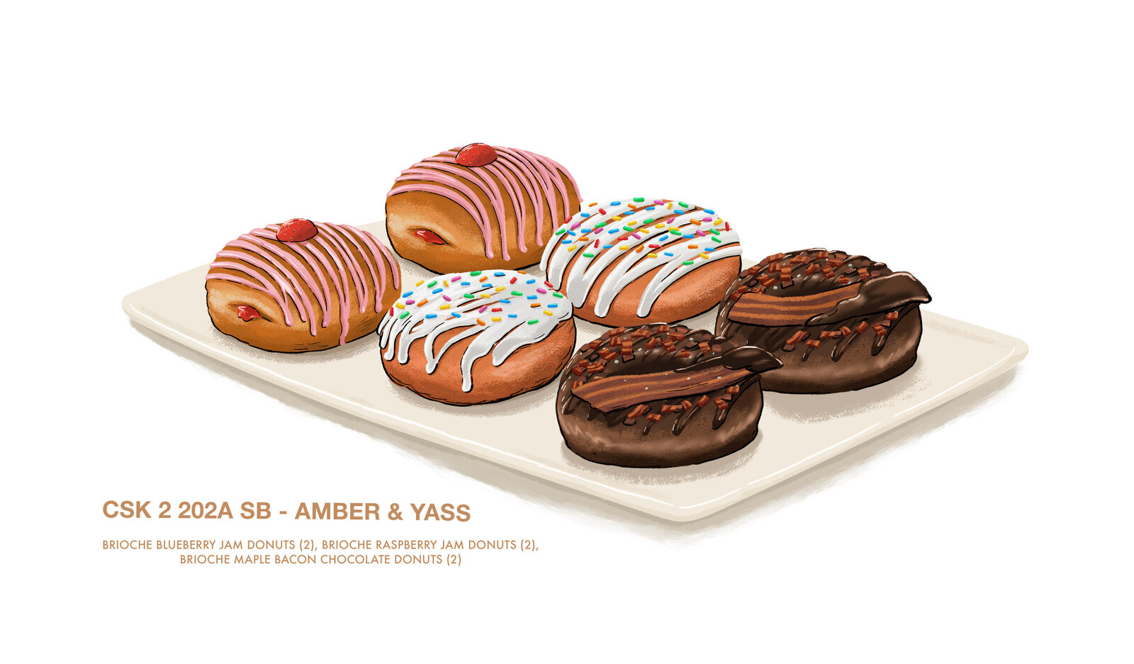 Crime Scene Kitchen dessert illustration of brioche blueberry jam, raspberry jam and maple bacon chocolate doughnuts, labelled 'CSK 2 202A SB Amber & Yass'