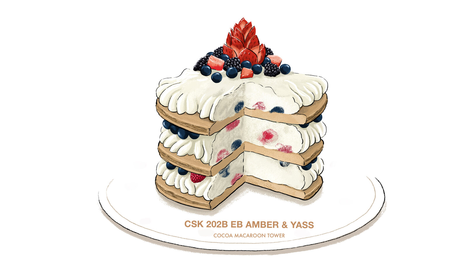 Crime Scene Kitchen dessert illustration of a cocoa macaroon tower, labelled 'CSK 202B EB Amber & Yass'
