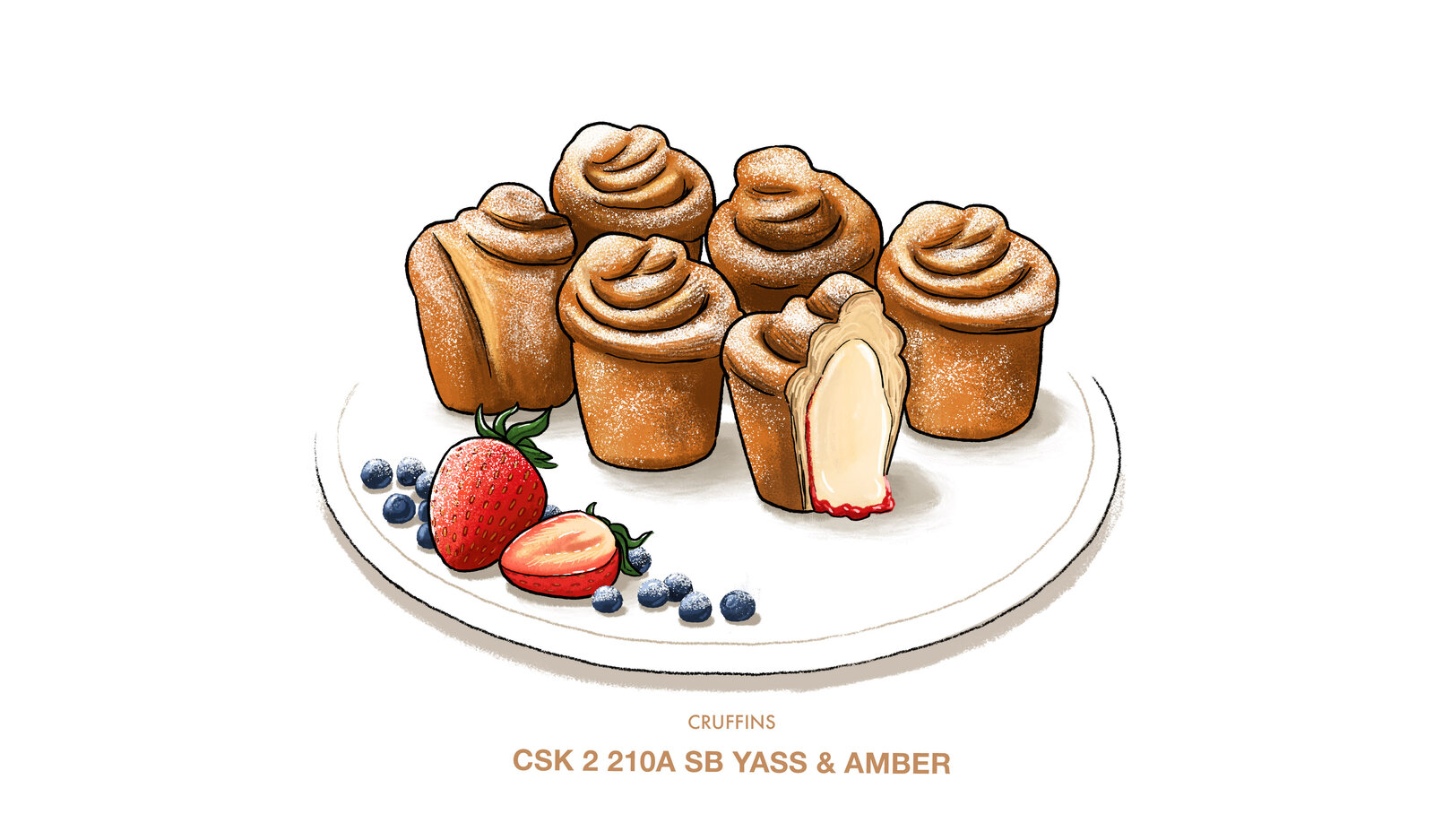 Crime Scene Kitchen dessert illustration of cruffins, labelled 'CSK 2 210A SB Yass & Amber'