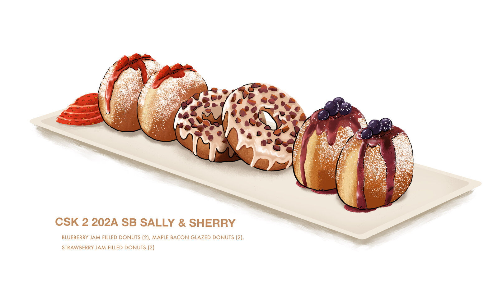 Crime Scene Kitchen dessert illustration of blueberry jam, maple bacon glazed and strawberry jam filled doughnuts, labelled 'CSK 2 202A SB Sally & Sherry'