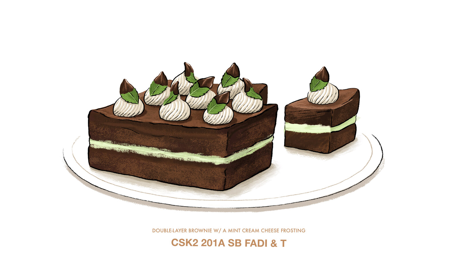 Crime Scene Kitchen dessert illustration of a double layer brownie with a mint cream cheese frosting, labelled 'CSK2 201A SB Fadi & T'