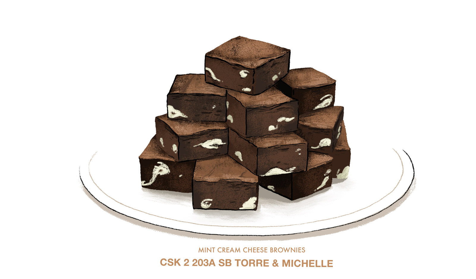 Crime Scene Kitchen dessert illustration of mint cream cheese brownies, labelled 'CSK 2 203A SB Torre & Michelle'