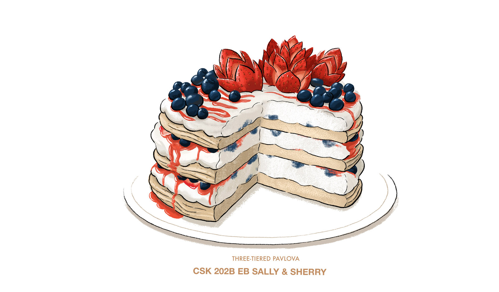 Crime Scene Kitchen dessert illustration of a three tiered pavlova, labelled 'CSK 202B EB Sally & Sherry'