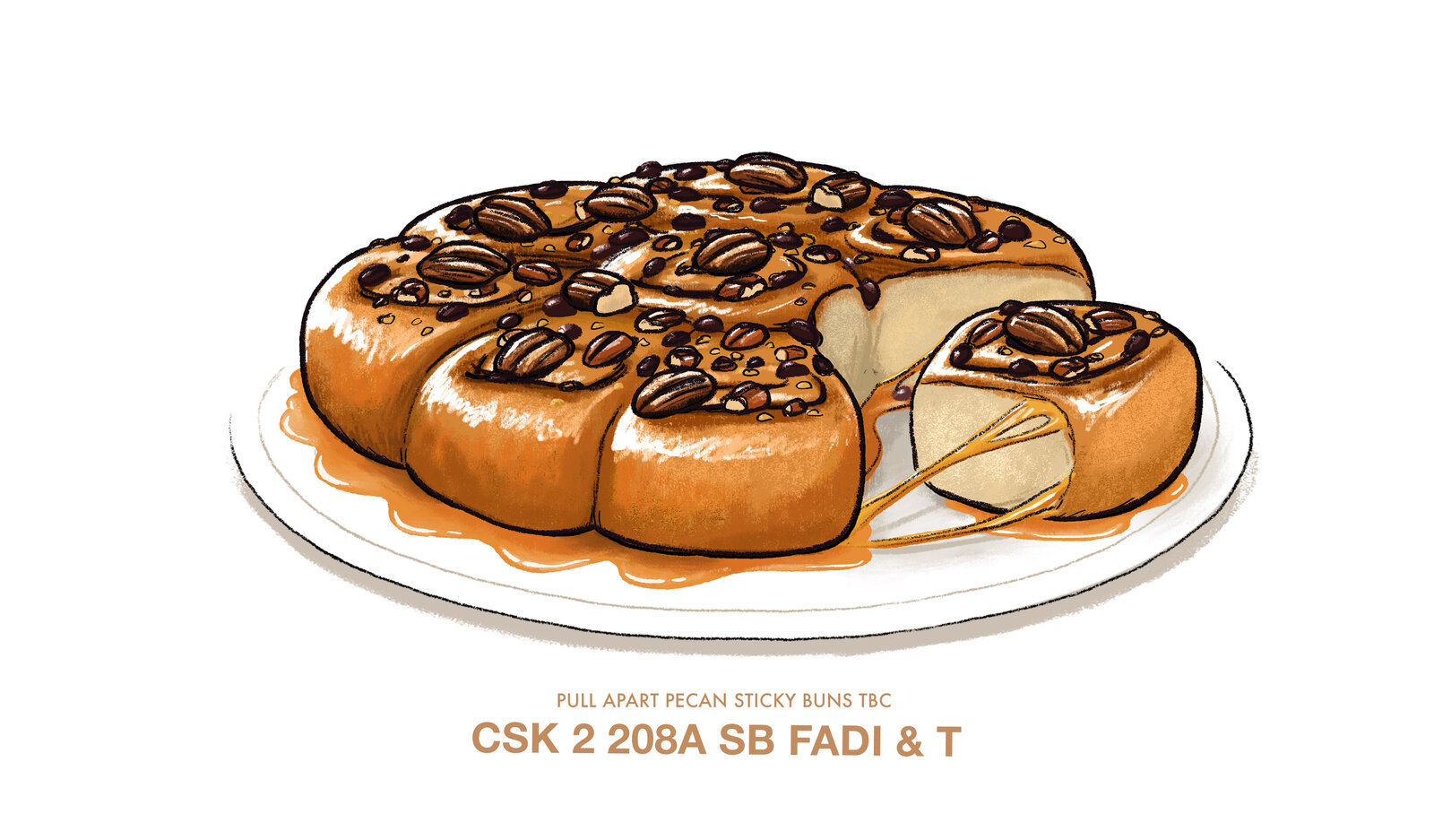 Crime Scene Kitchen dessert illustration of pull apart pecan sticky buns with caramel sauce, labelled 'CSK 2 208A SB Fadi & T'