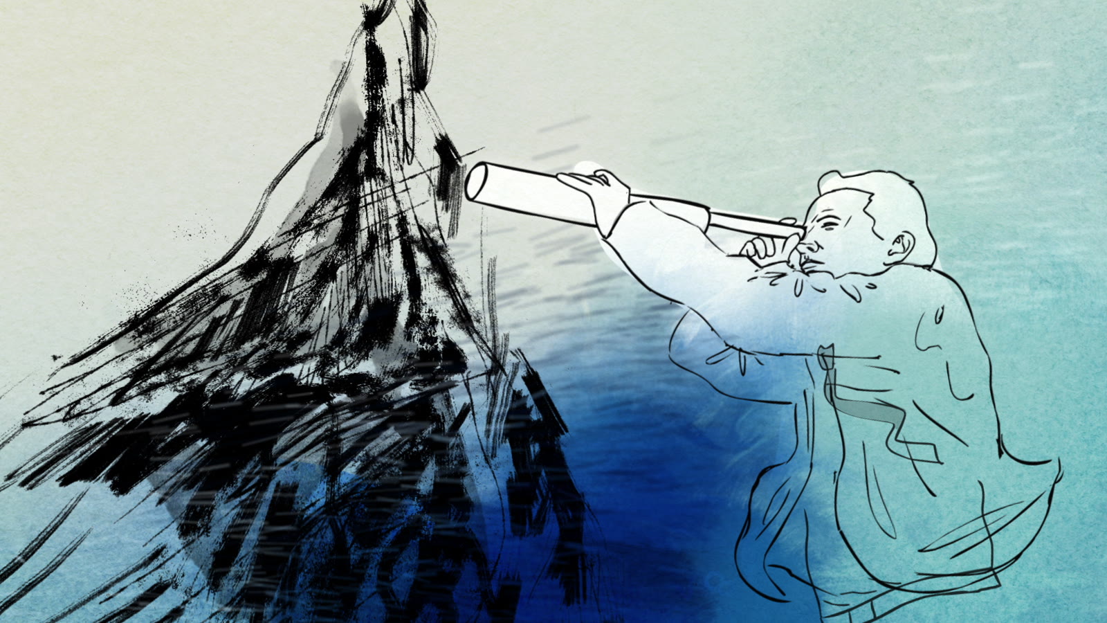 Deloitte Spotlight, hand drawn illustration of a figure using a telescope beside a mountainous ink wave