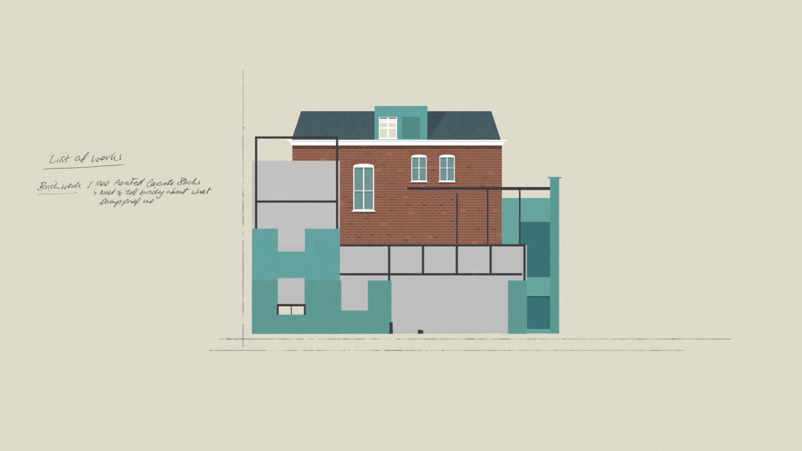 Double Your House for Half the Money, illustrated house cross section with a hand lettered list of works