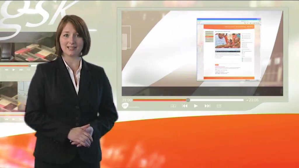 GSK Vaccines Business News, a presenter beside an animated screen graphic previewing one of the programme's own web archive pages