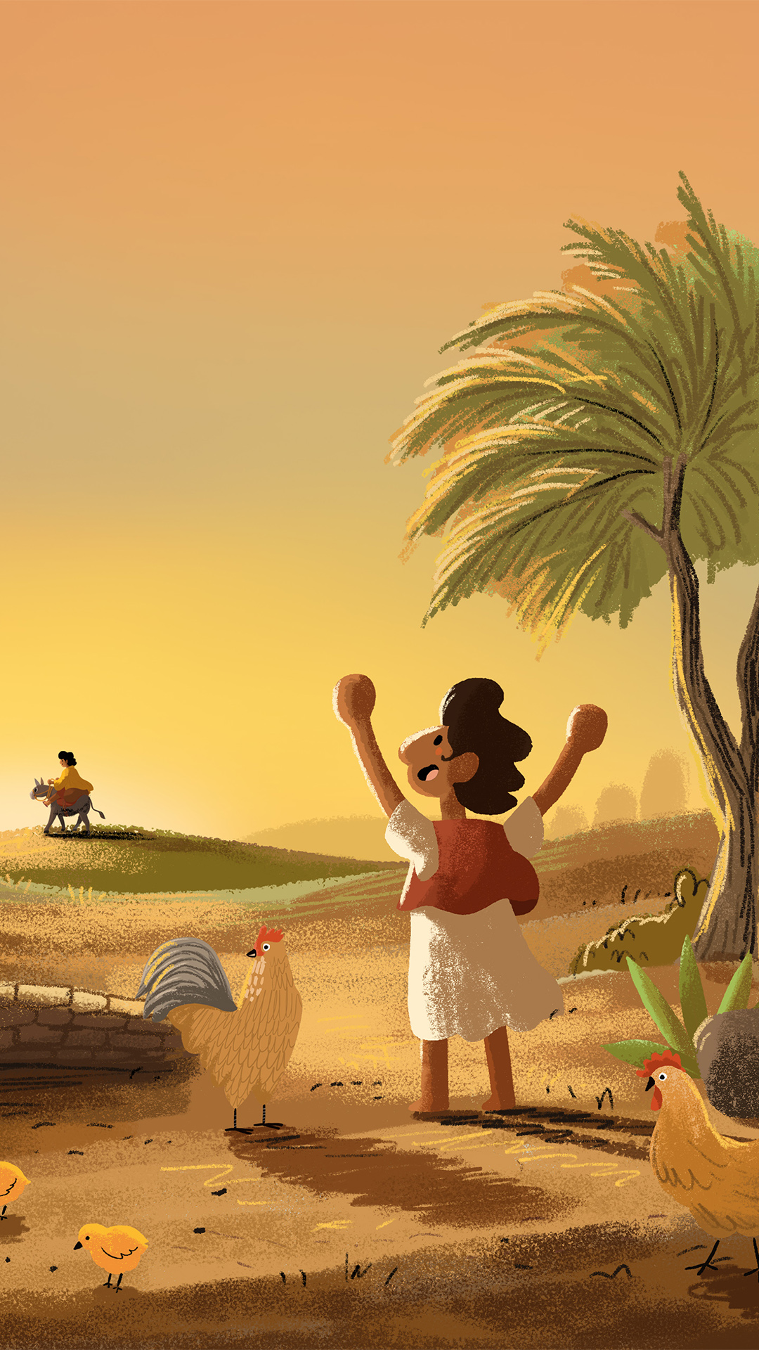 Illustrated figure raising both arms at sunset beside a palm tree and chickens, a donkey and rider in the distance