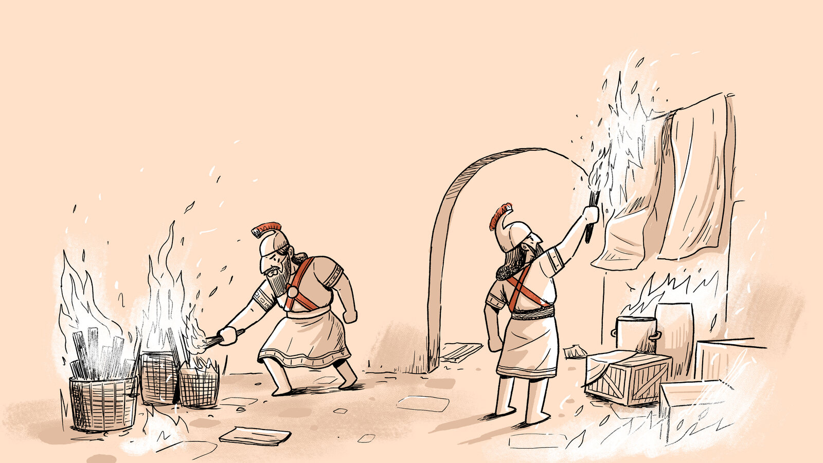 Illustrated Bible story scene of two figures tending a fire at an altar