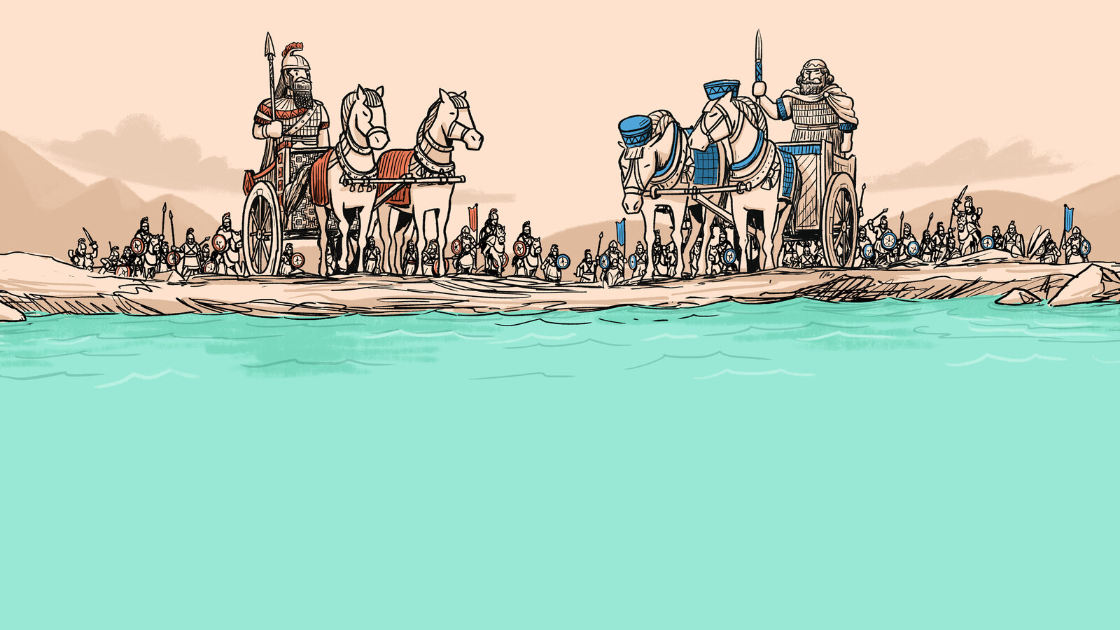 Illustrated Bible story scene of soldiers and chariots at the edge of a river