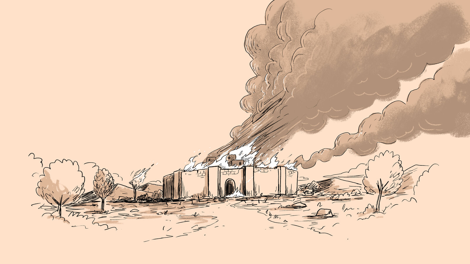 Illustrated Bible story scene of a building on fire, smoke rising
