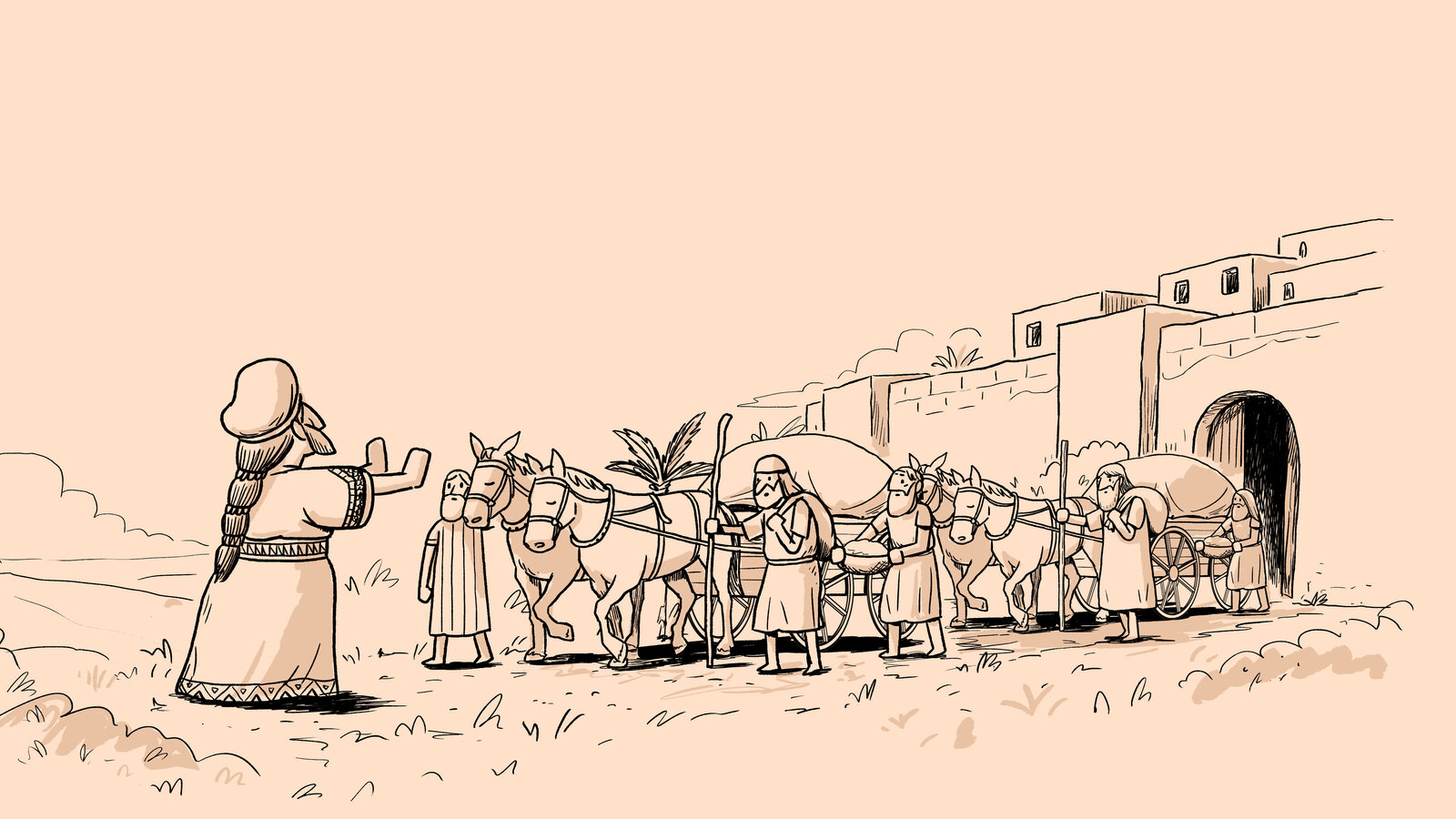 Illustrated Bible story scene, in line art, of a caravan of laden camels entering a walled city through its gate