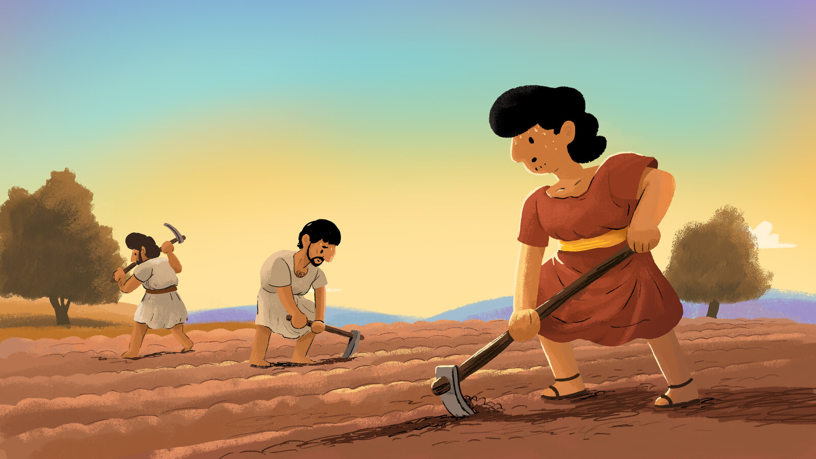Illustrated Bible story scene of two figures working a field, one carrying a large stone