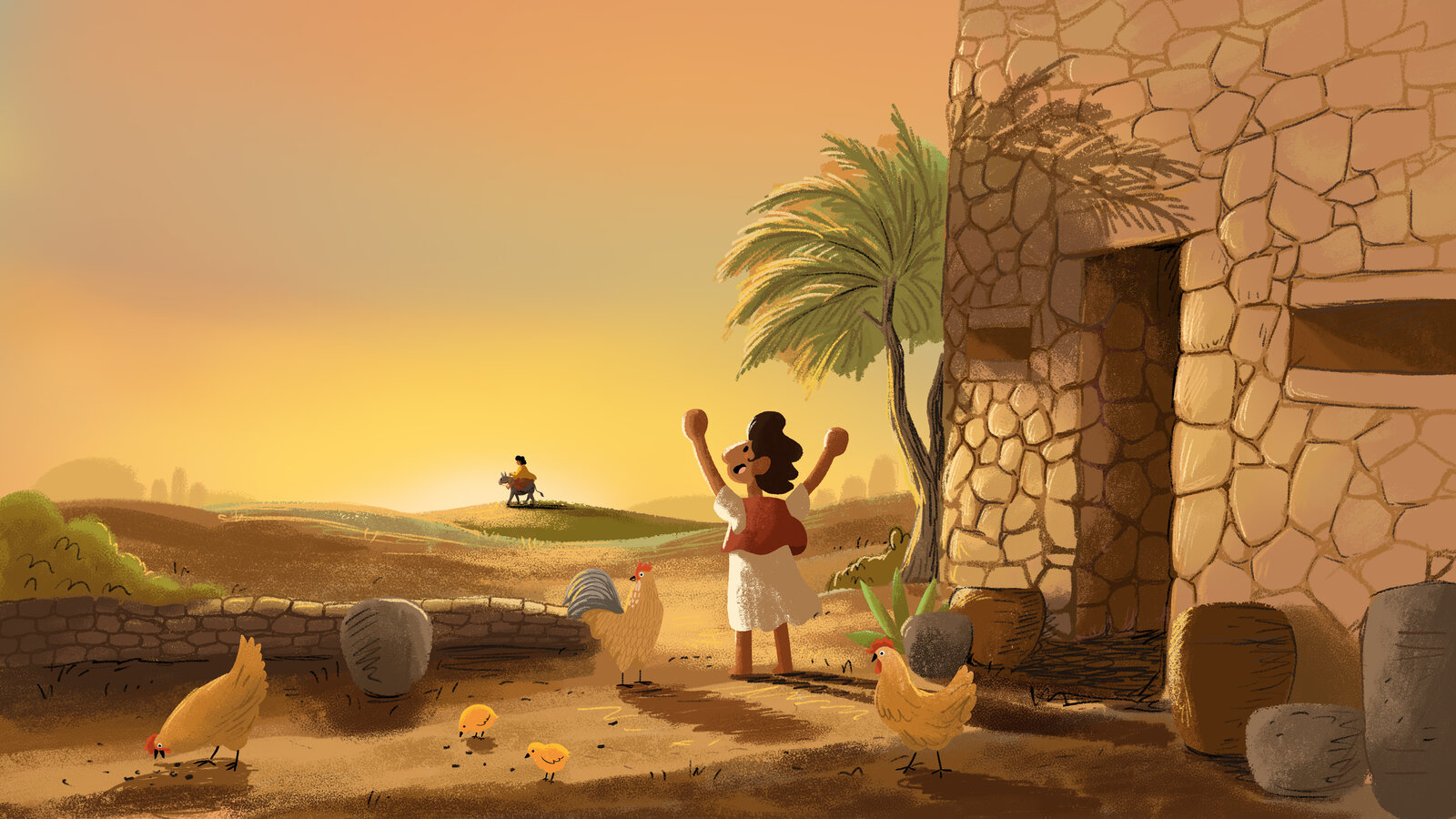 Illustrated Bible story scene of a girl celebrating outside a stone doorway at sunset, arms raised, as a rider on a donkey approaches in the distance
