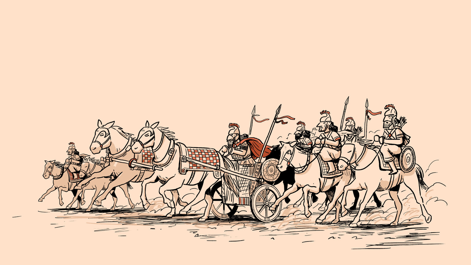 Illustrated Bible story scene, in line art, of chariots and soldiers advancing