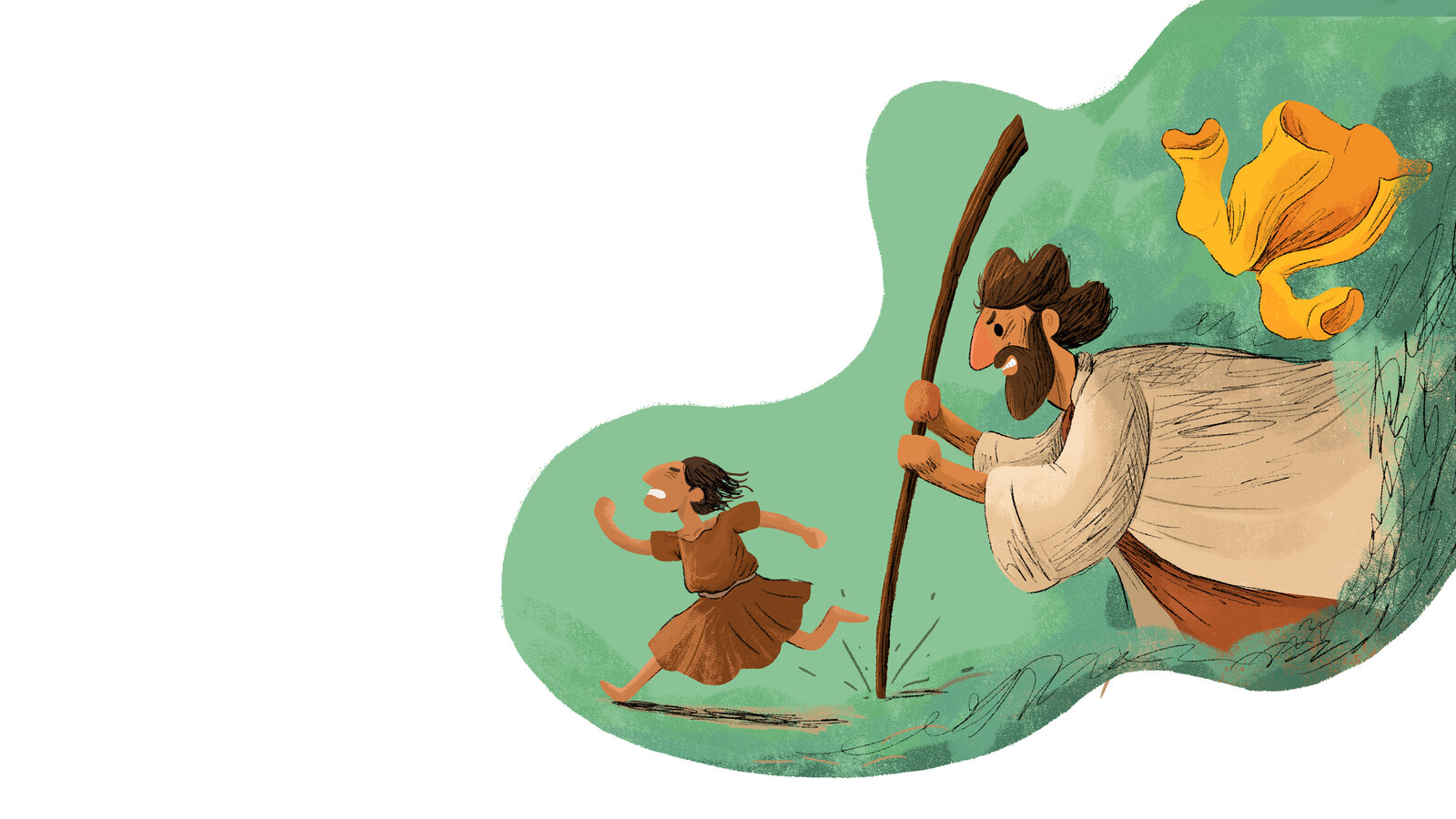 Illustrated Bible story scene of a man striding after a fleeing child, holding a wooden staff, as a golden cloth blows away in the wind behind him