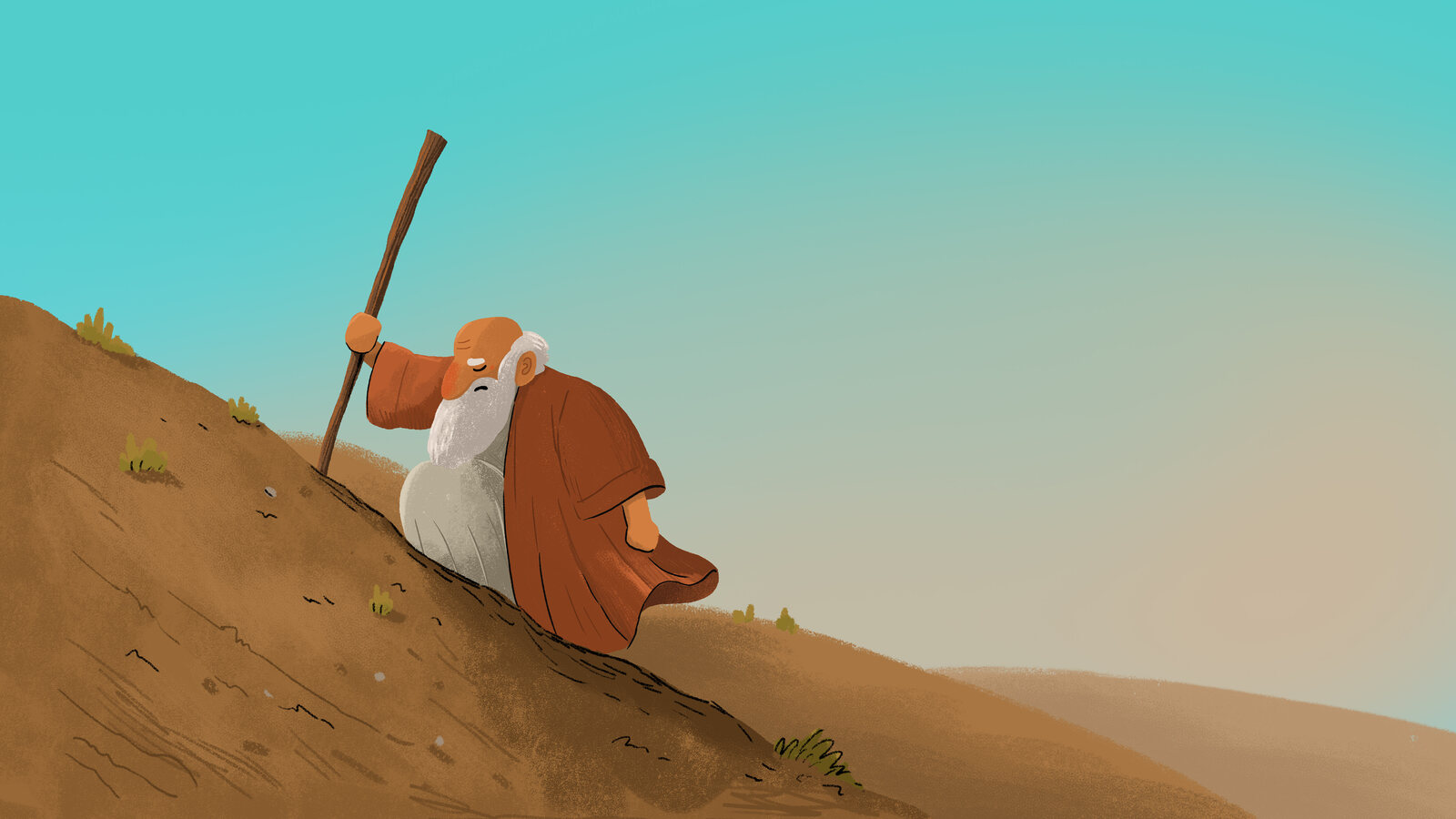 Illustrated Bible story scene, in line art, of an elderly man climbing a slope with a staff