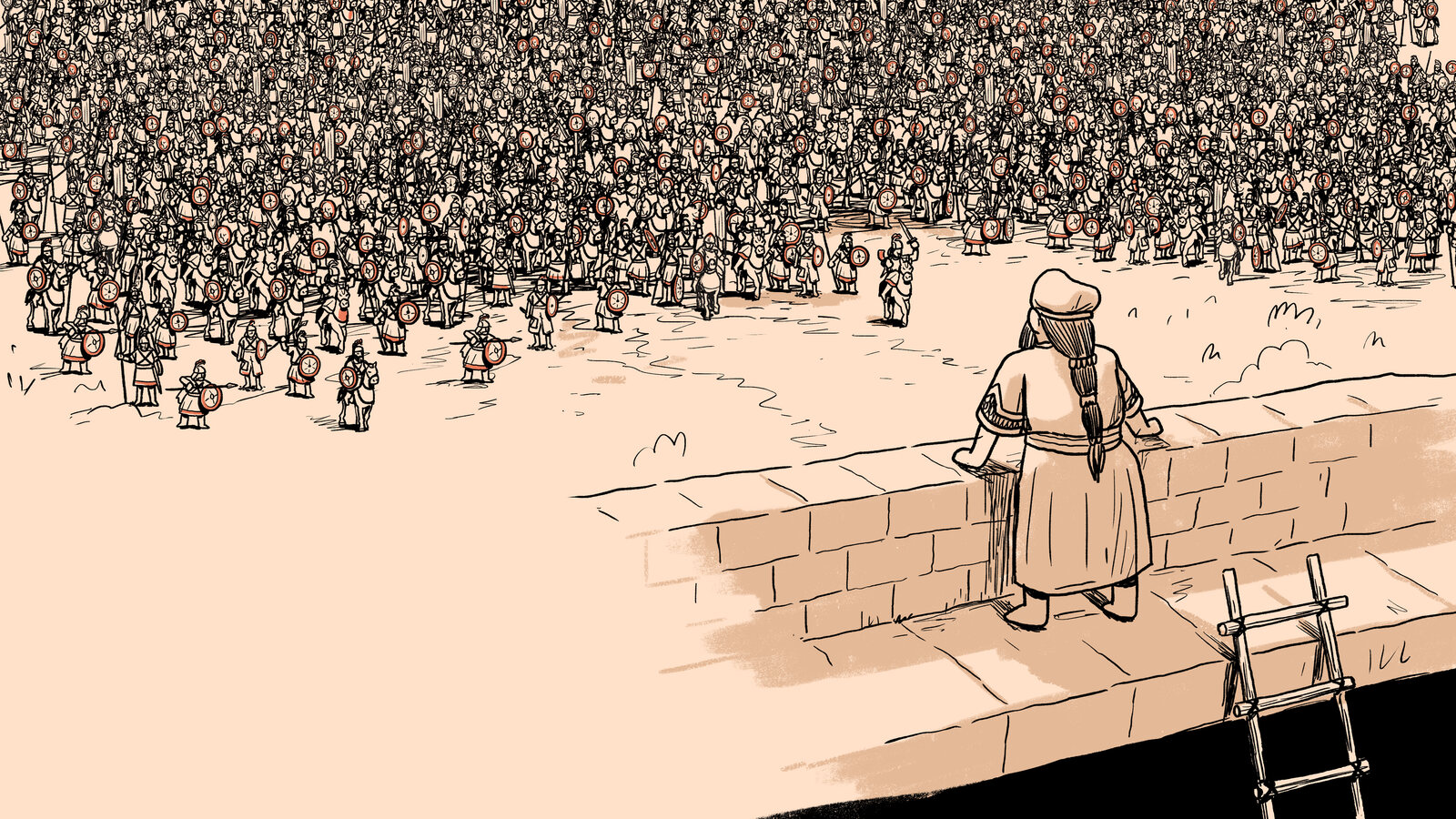 Illustrated Bible story scene, in line art, of a huge crowd gathered below a city wall