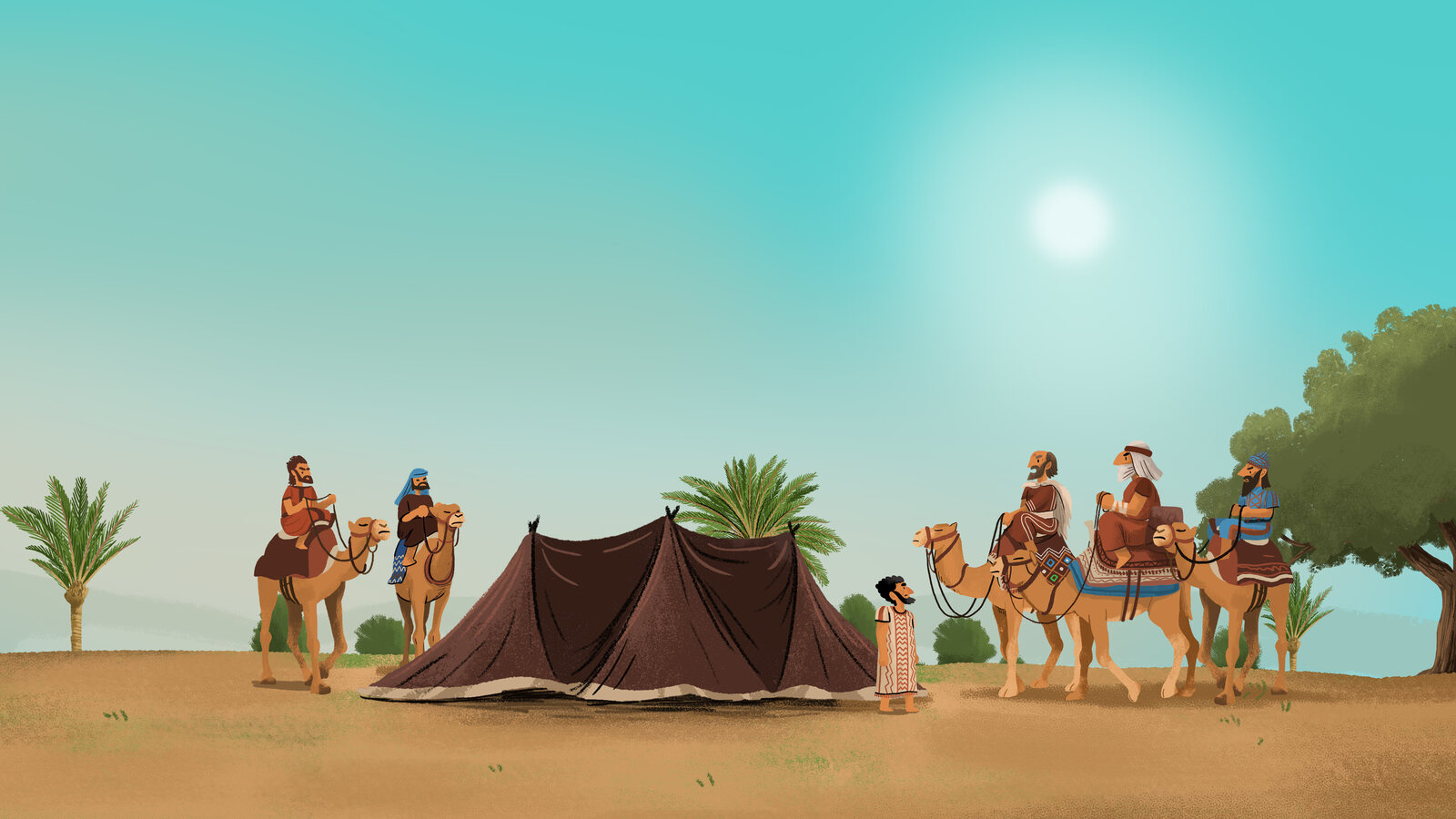 Illustrated Bible story scene of a desert camp at sunset, with camels, a tent and a palm tree