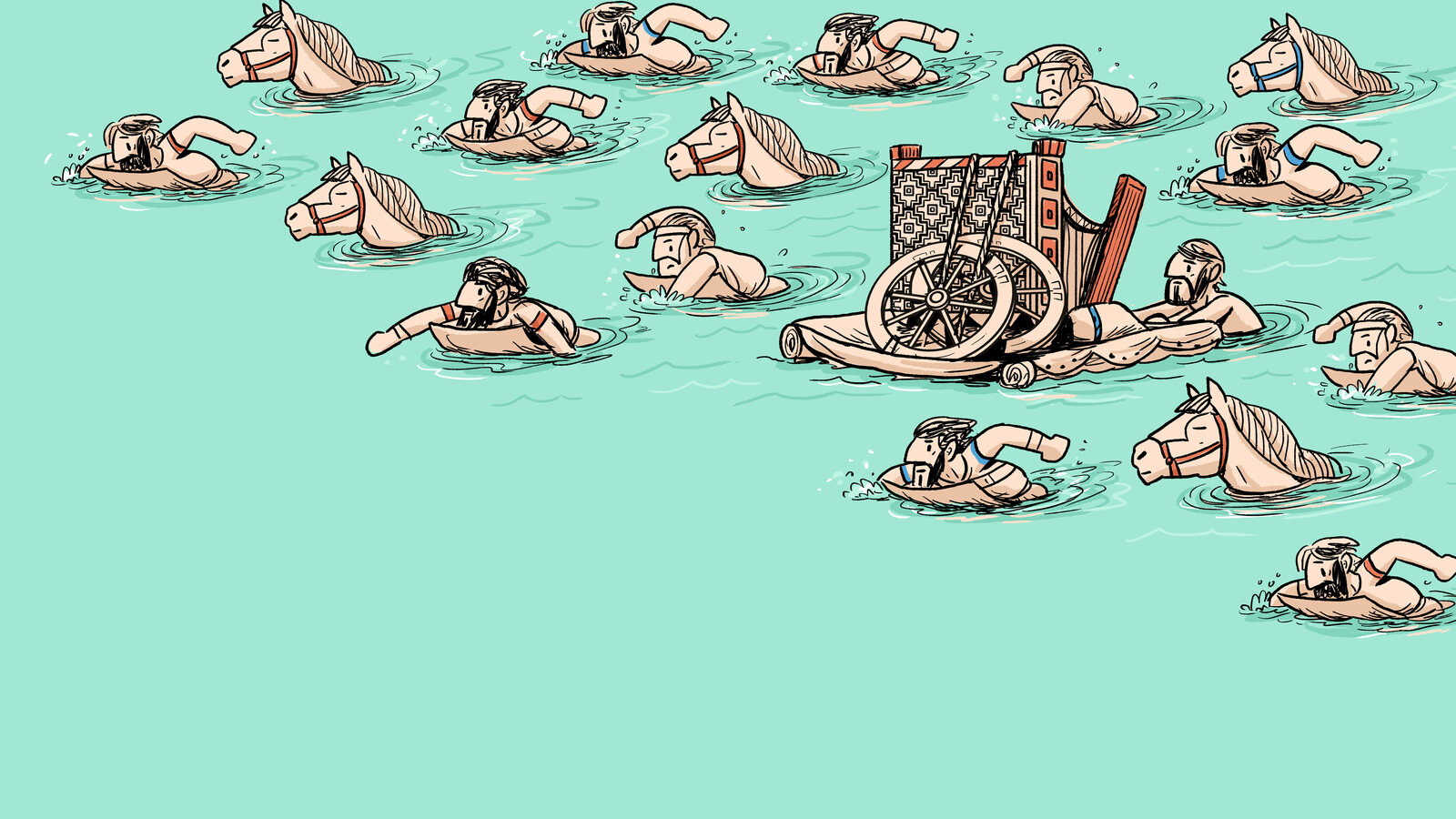Illustrated Bible story scene of soldiers and chariot wheels submerged in water